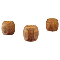 Exquisite Set of Three Wicker Ottoman Poufs, Italy, 1980s