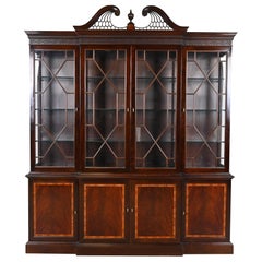 Stickley Georgian Flame Mahogany Lighted Breakfront Bookcase Cabinet