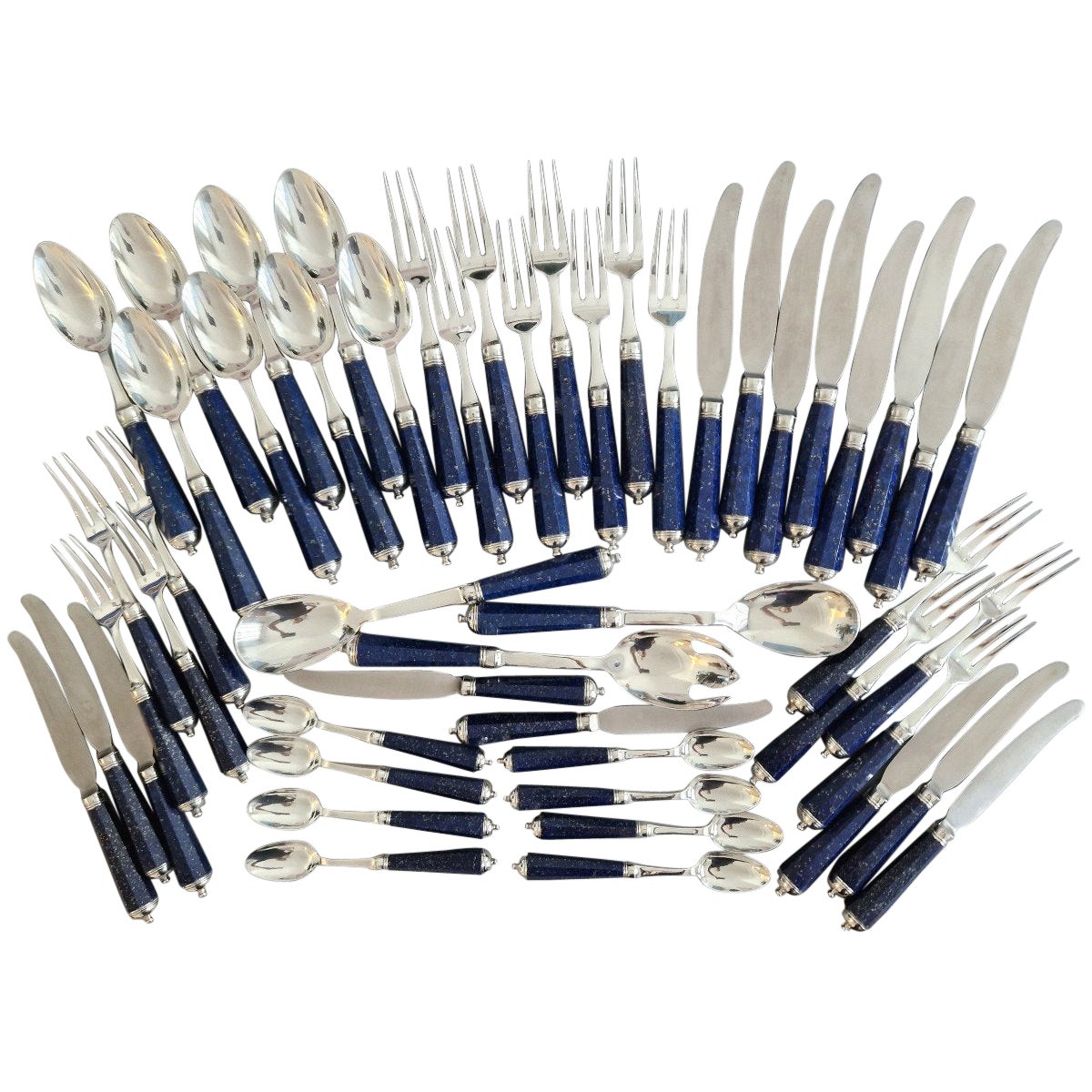 Peter Paris - Cutlery Flatware Set Of 51 Pieces In Sterling Silver & Lapis Laz For Sale