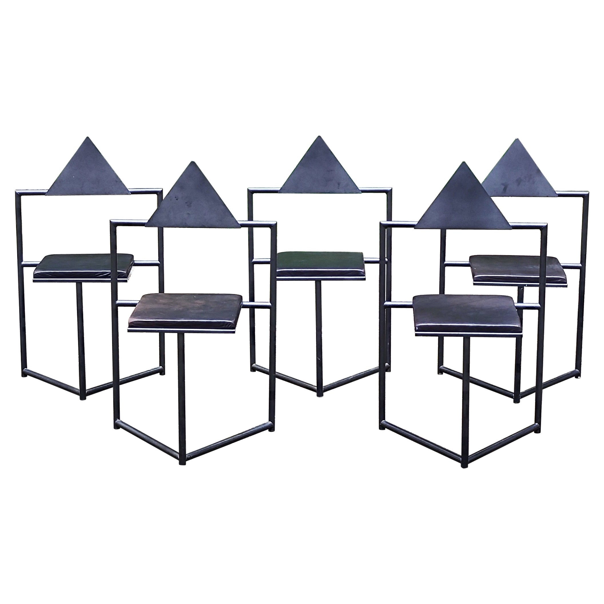 5 Chairs, 1980s steel and leather that might be by Mario Botta or Martin Szekely For Sale