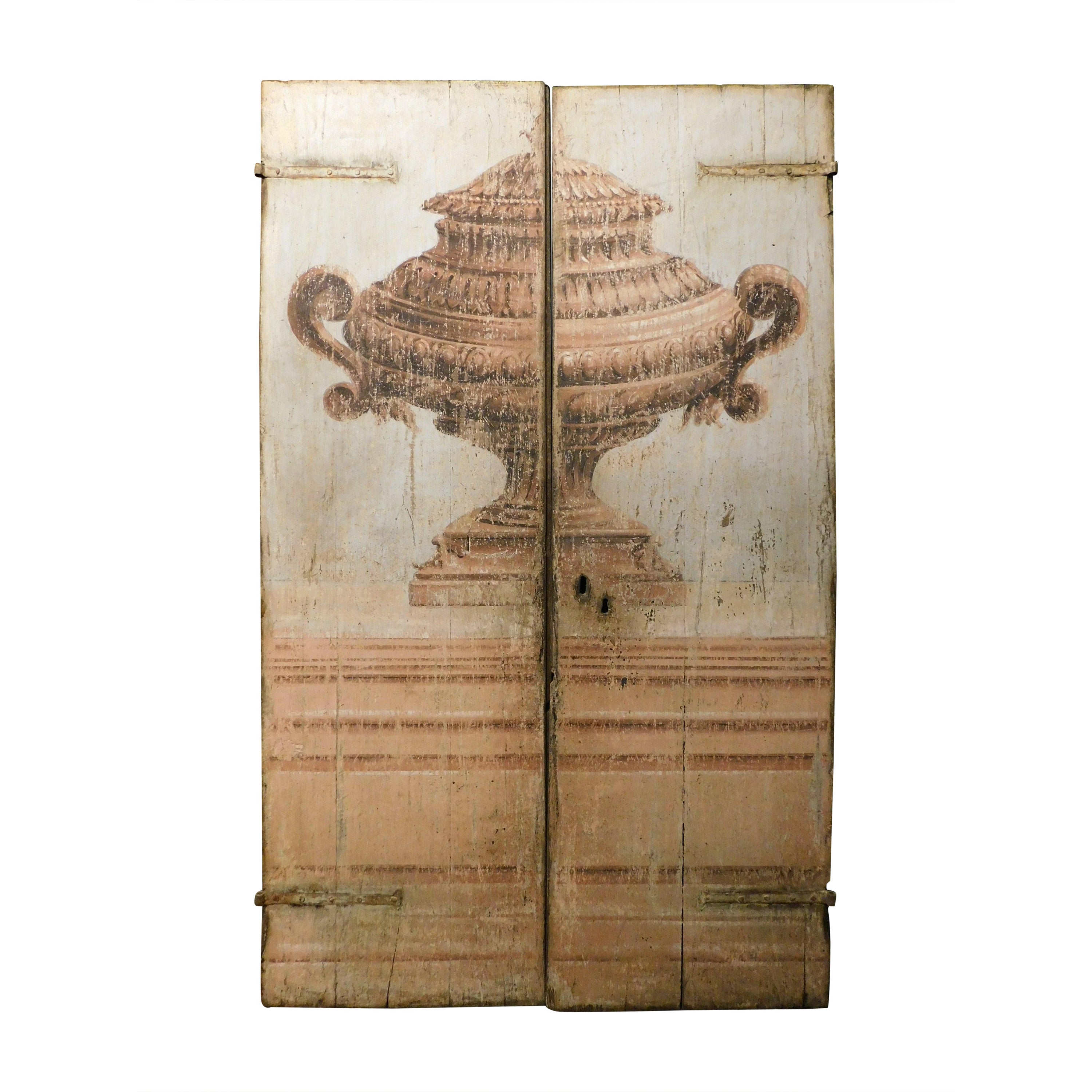 Double vieille porte intérieure richement peinte avec une grande coupe centrale, Florence Italie en vente