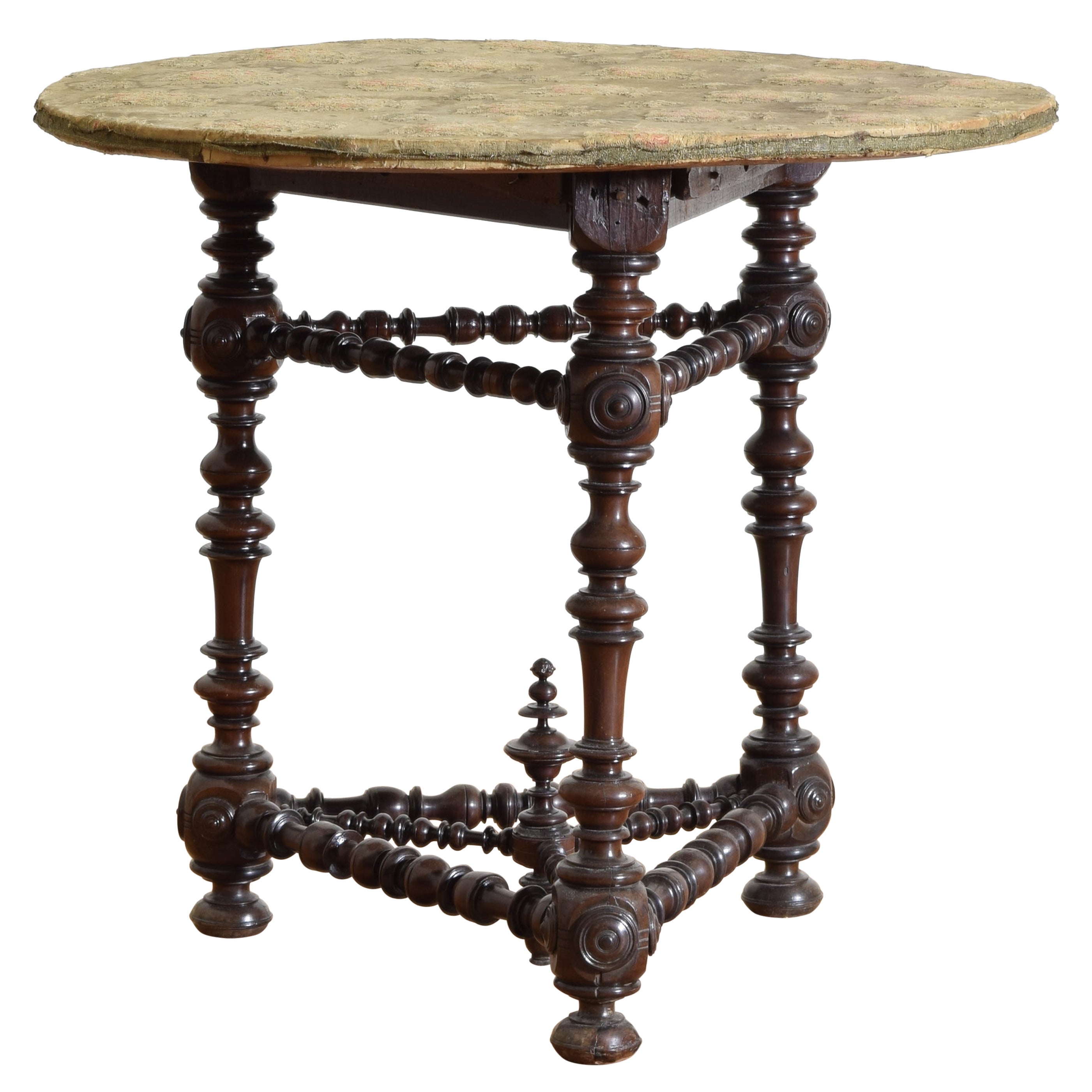 Italian, Bologna, Turned Walnut Center Table with Fabric Top, ca. 1700 For Sale