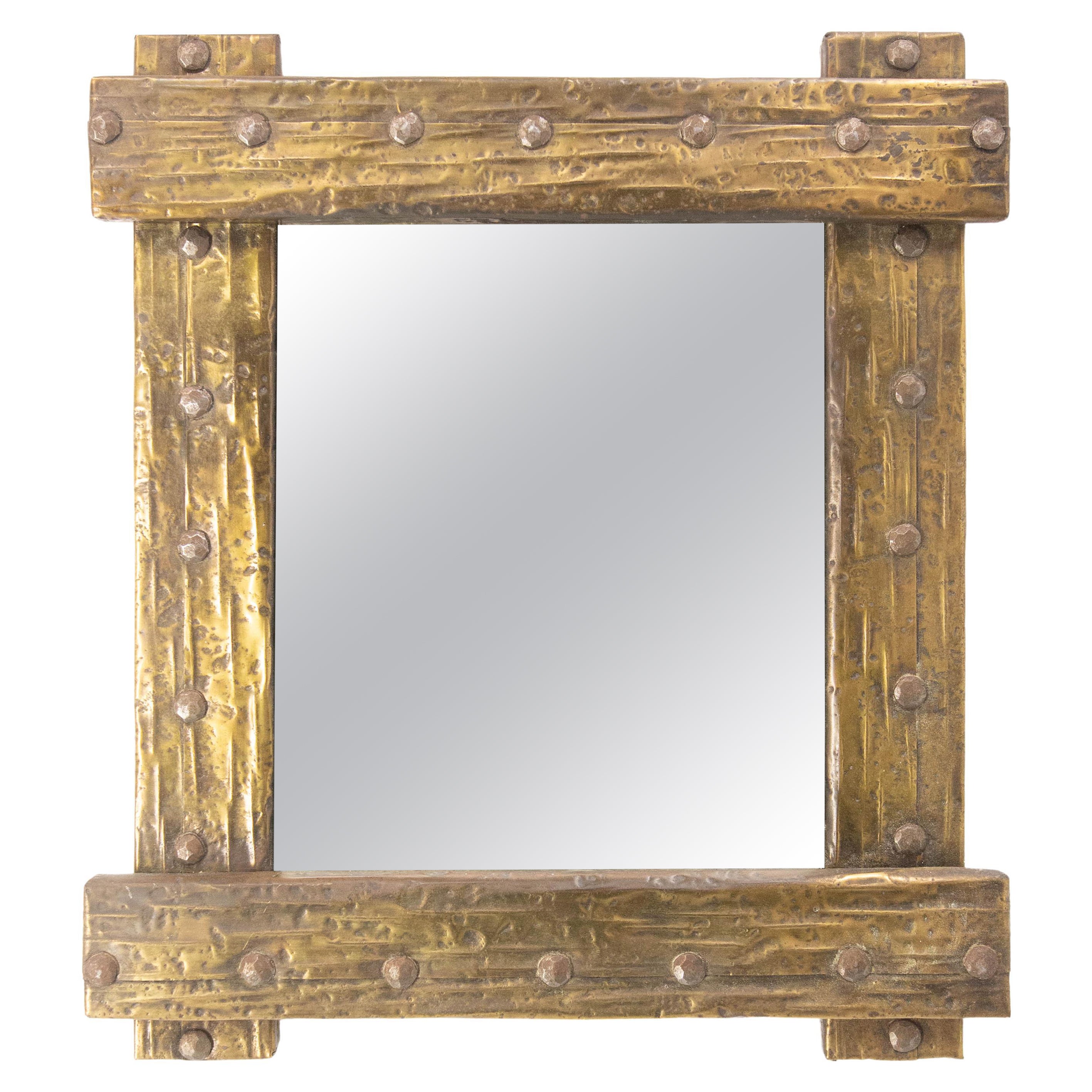 Spanish Wall Mirror Laminated Brass & Wrought Iron Frame 20th  Midcentury For Sale
