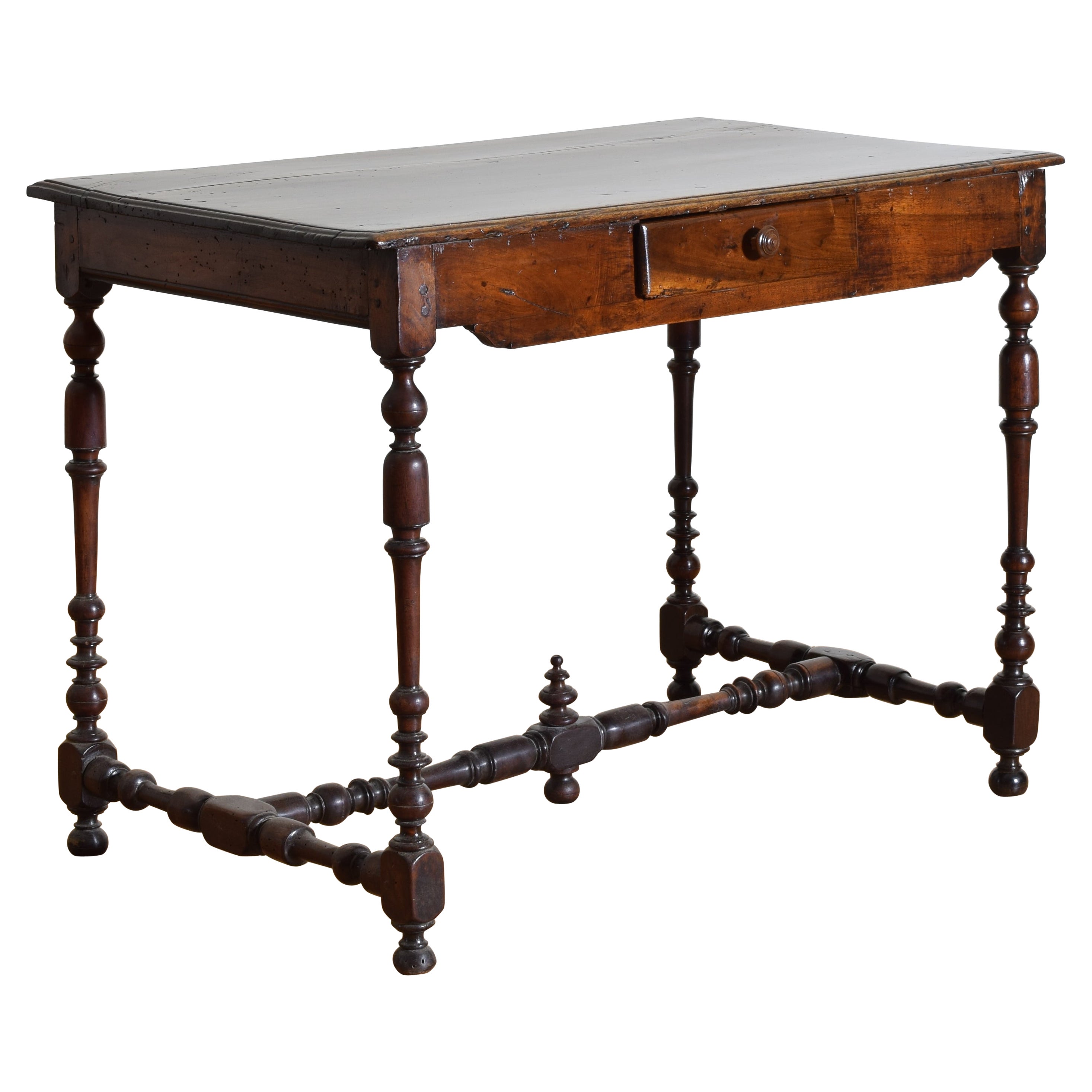 French Louis XIV Period Turned Walnut 1-Drawer Table, 1st quarter 18th century