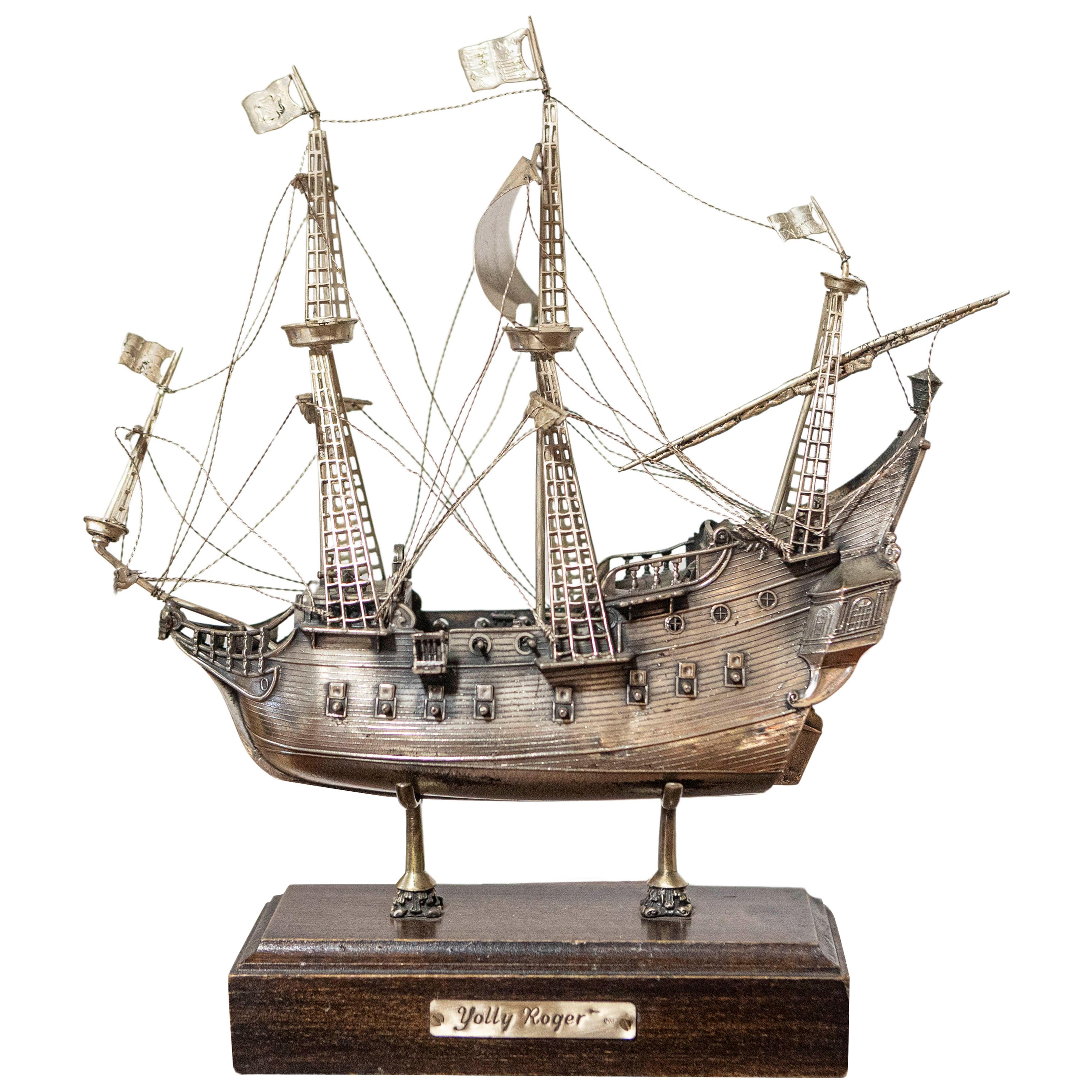 Venetian Pewter Jolly Roger Pirate Model Ship Mounted on Wooden Base For Sale