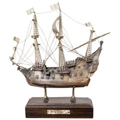 Vintage Venetian Pewter Jolly Roger Pirate Model Ship Mounted on Wooden Base