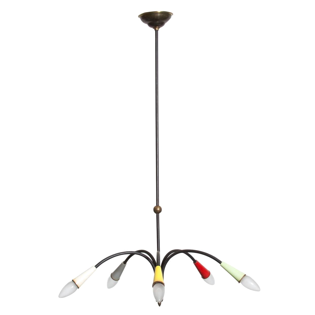Stilnovo Style 5 Arm Brass and Black Chandelier w/ Multi-Colored Pastel Sockets For Sale