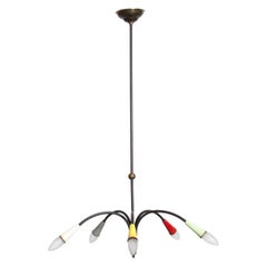 Stilnovo Style 5 Arm Brass and Black Chandelier w/ Multi-Colored Pastel Sockets