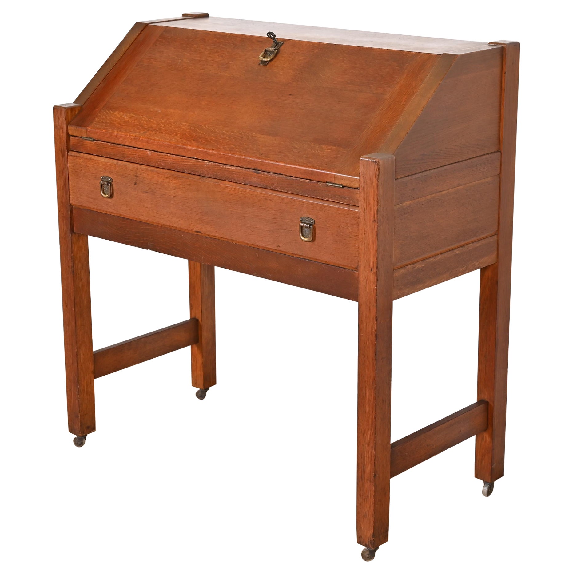 Stickley Brothers Style Antique Mission Arts & Craft Oak Drop Front Desk (bureau à abattant) en vente