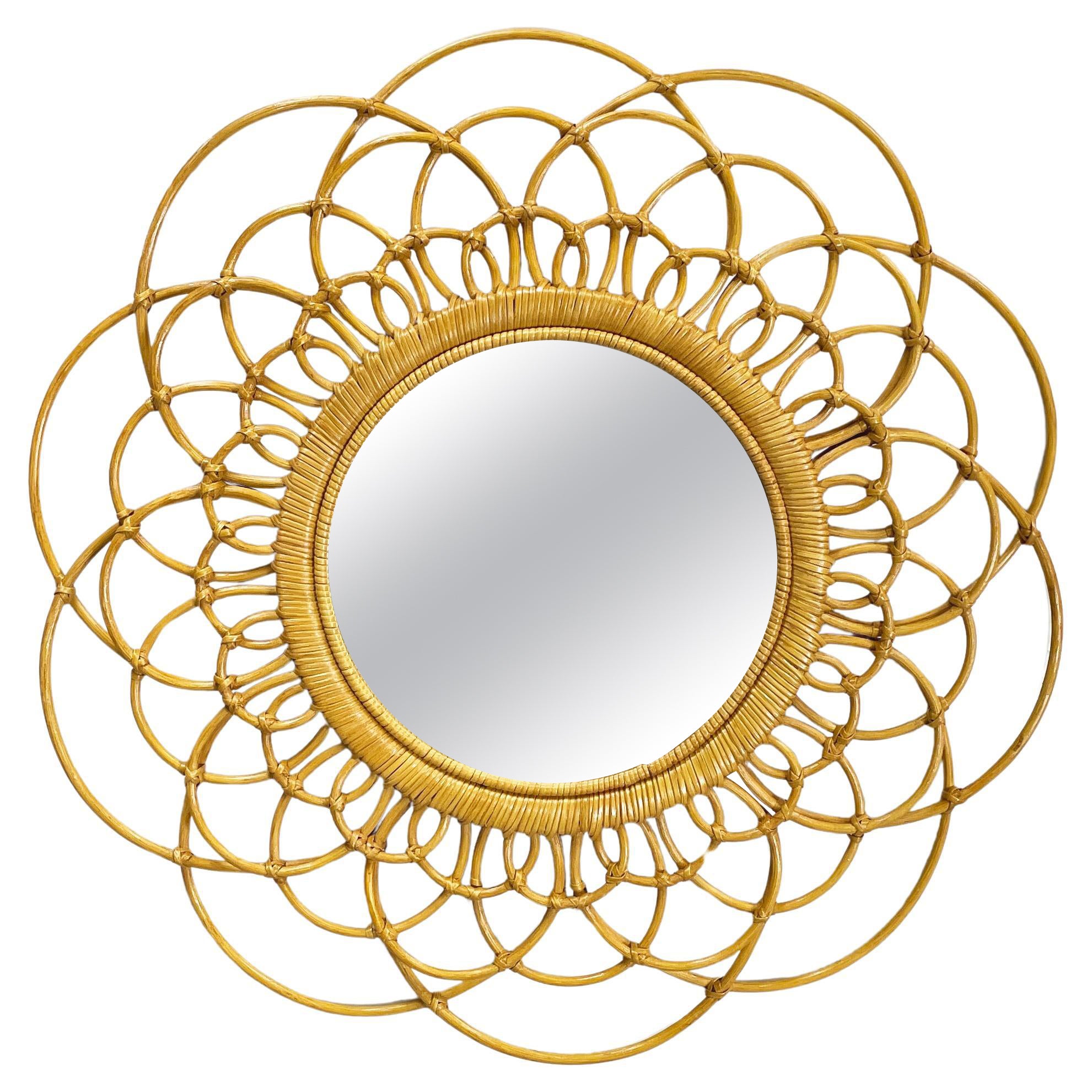 Italian mid-century modern Round rattan wall mirror with curved bamboo, 1960s For Sale