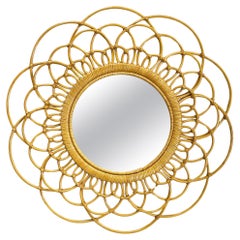 Retro Italian mid-century modern Round rattan wall mirror with curved bamboo, 1960s