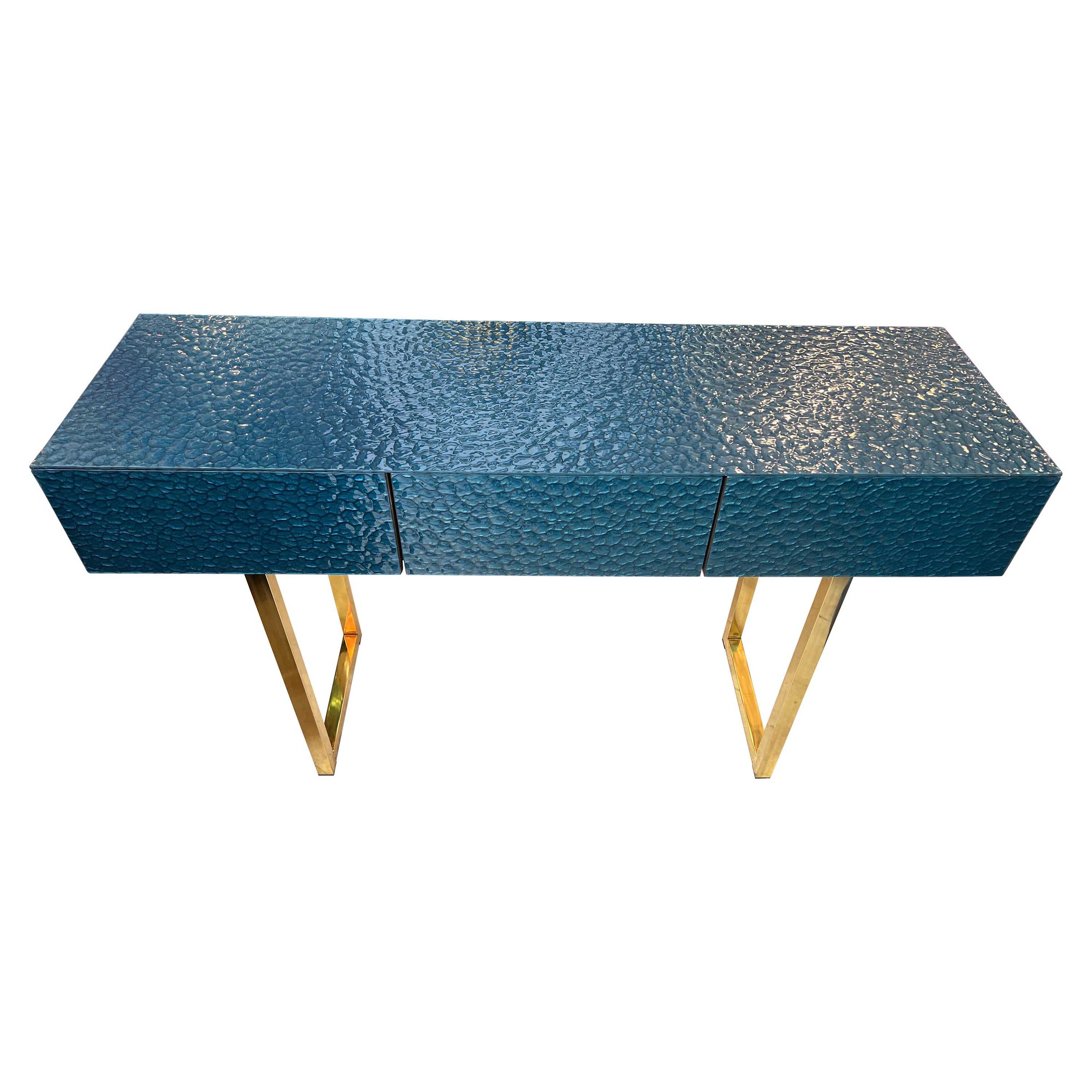 Petrol Green Murano Ashlar Glass and Brass Console Table with Three Drawers 2000 For Sale