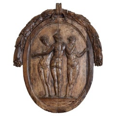 Antique Dutch Neoclassical Carved Wooden Relief, The Three Graces, Late 18th Century