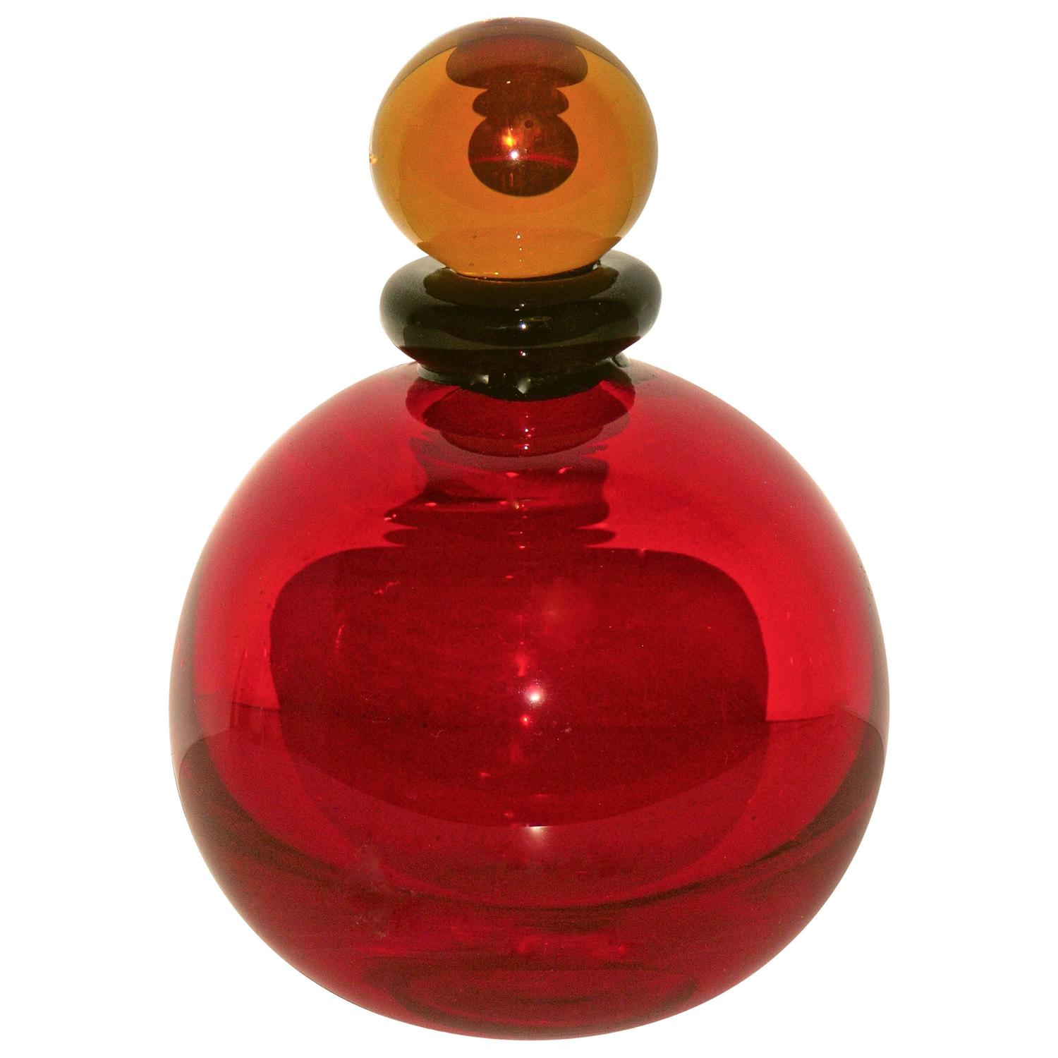 Archimede Seguso Red Murano Glass Perfume Bottle with Gold Stopper at