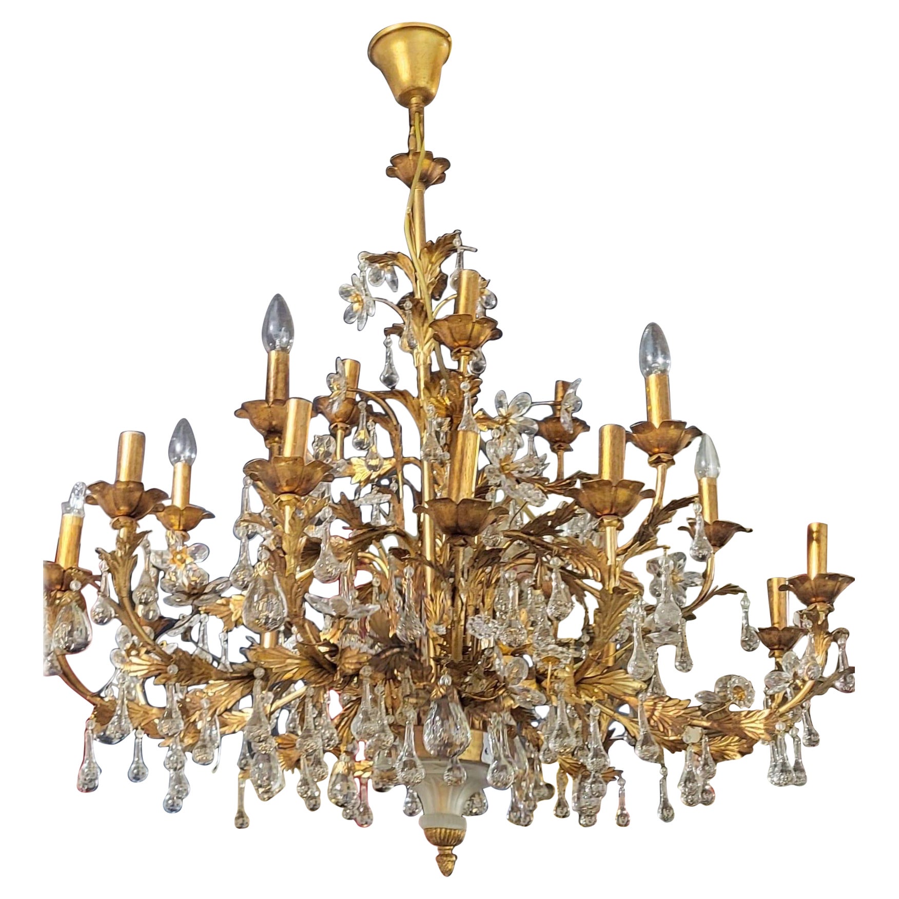 Superbe lustre italien des années 1930 en métal doré et cristal de Murano 100x90cm en vente