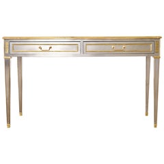 Scrivania console neoclassica in stile John Vesey in acciaio e bronzo. 