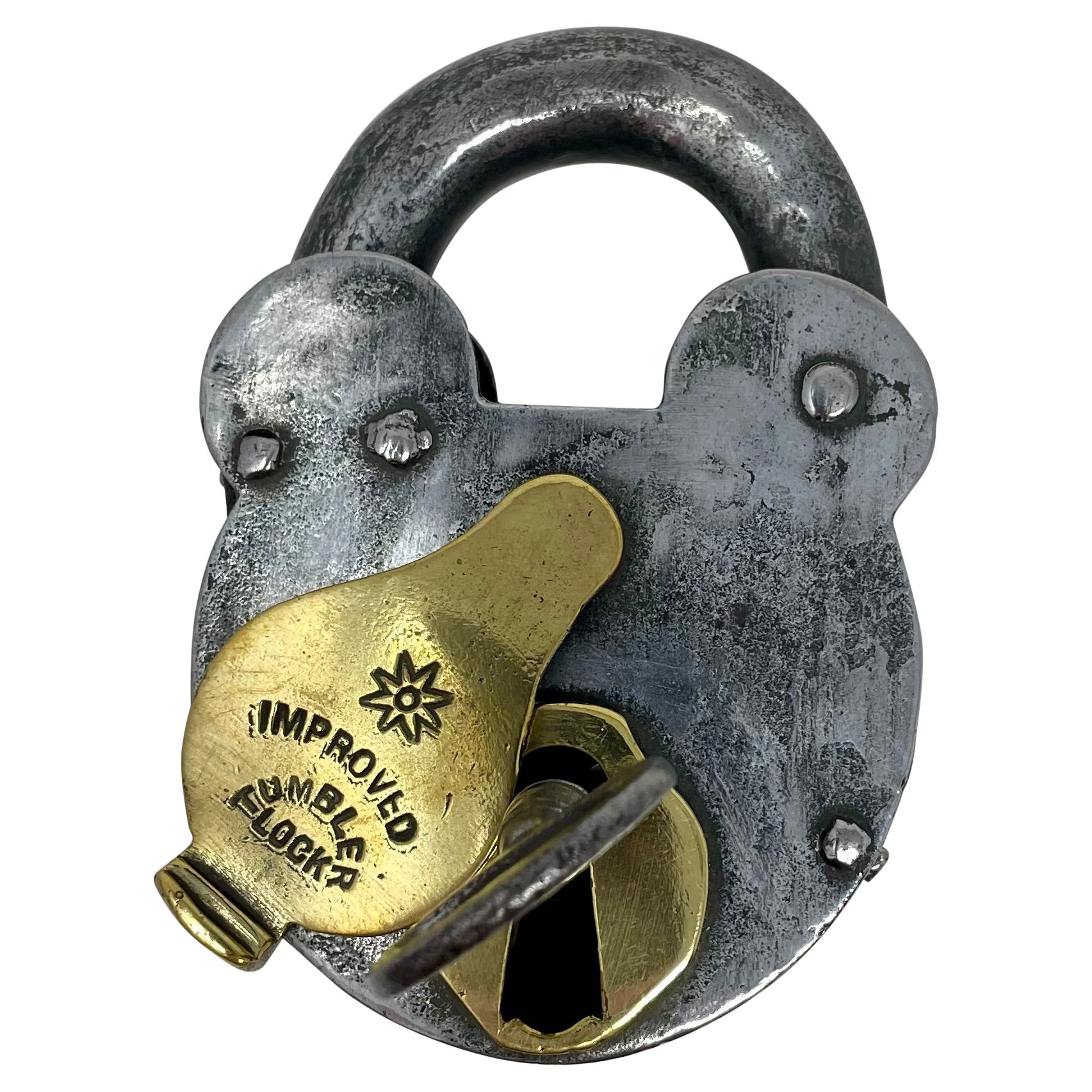 Antique English Victorian Steel and Brass Padlock with Key, Circa 1890's. For Sale