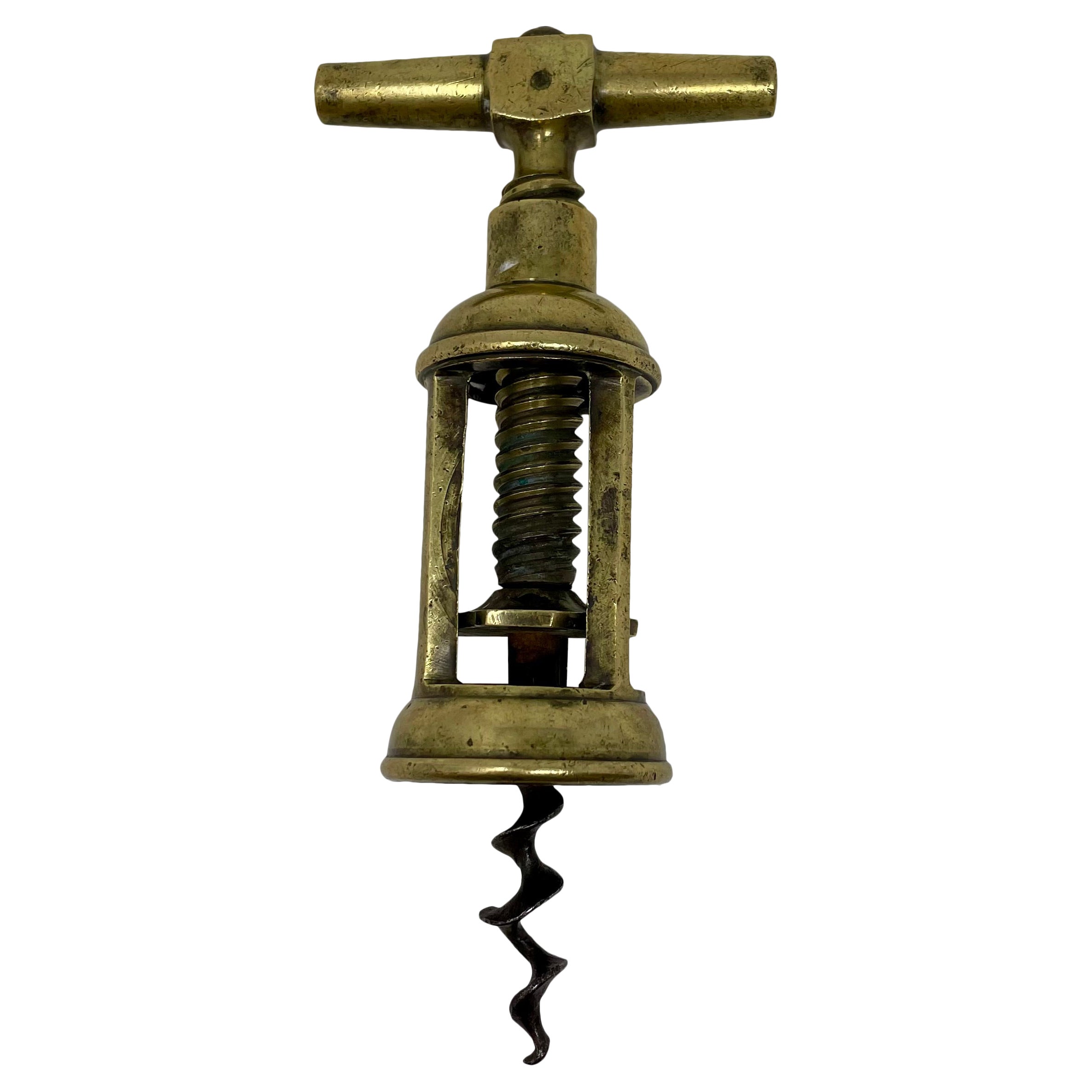 Antique English Victorian Brass Mechanical Triple Post Corkscrew. For Sale