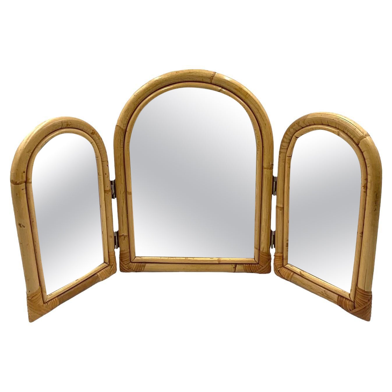 Bamboo three flaps table mirror / vanity, Italy 1960s For Sale