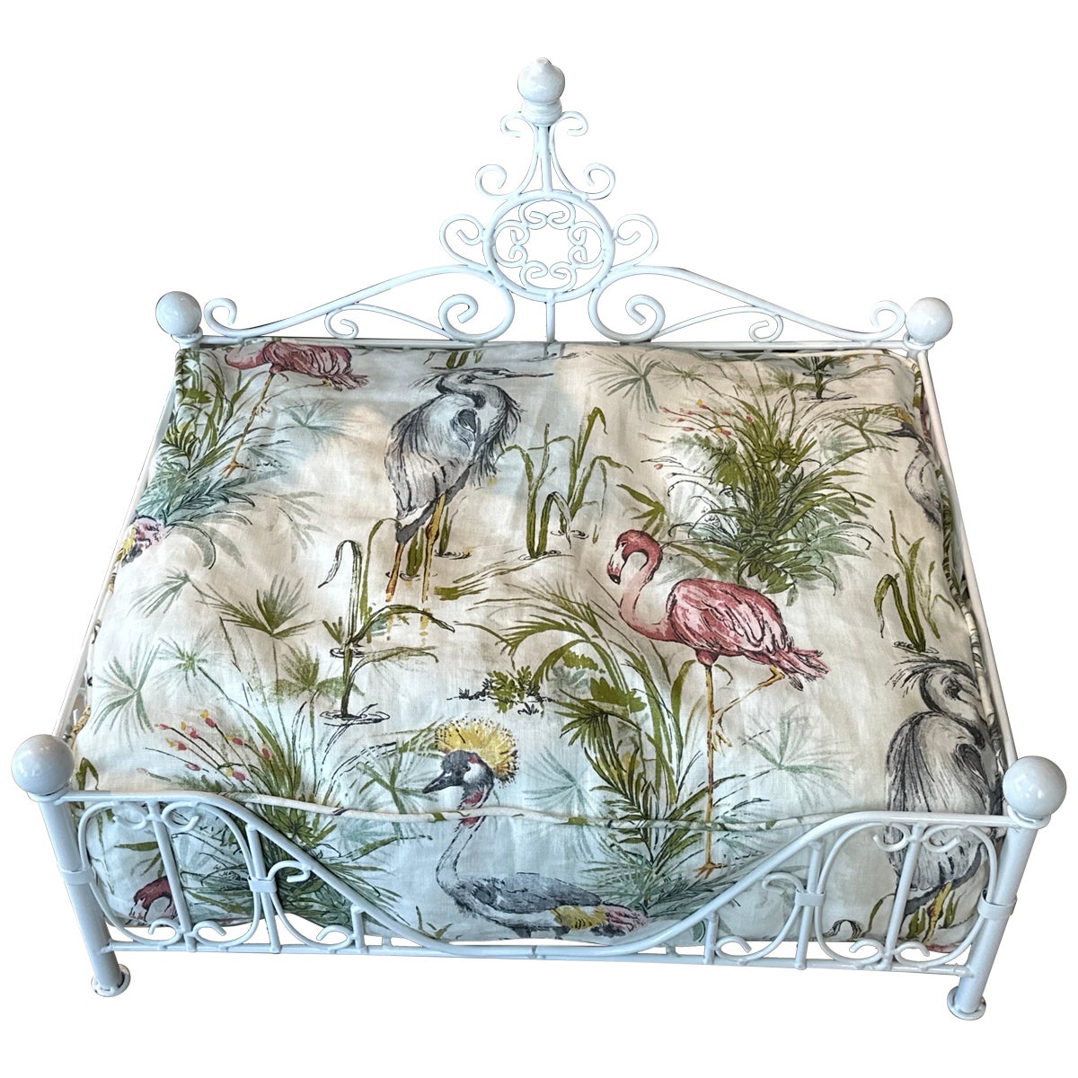 Vintage Newly Finished Upholstered Metal French Dog Pet Bed Palm Beach Birds 