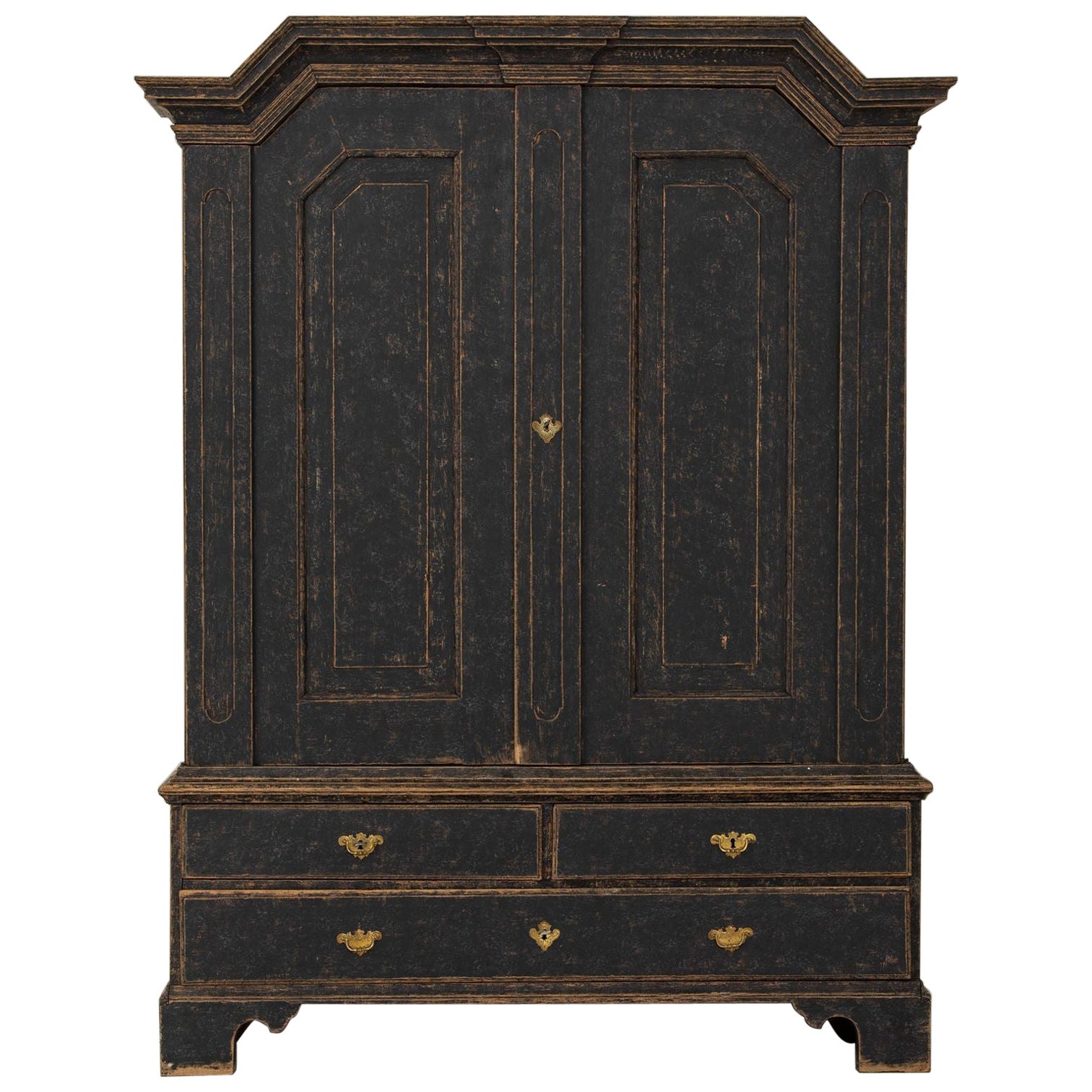 18th c. Swedish Baroque Period Painted Linen Press Cabinet