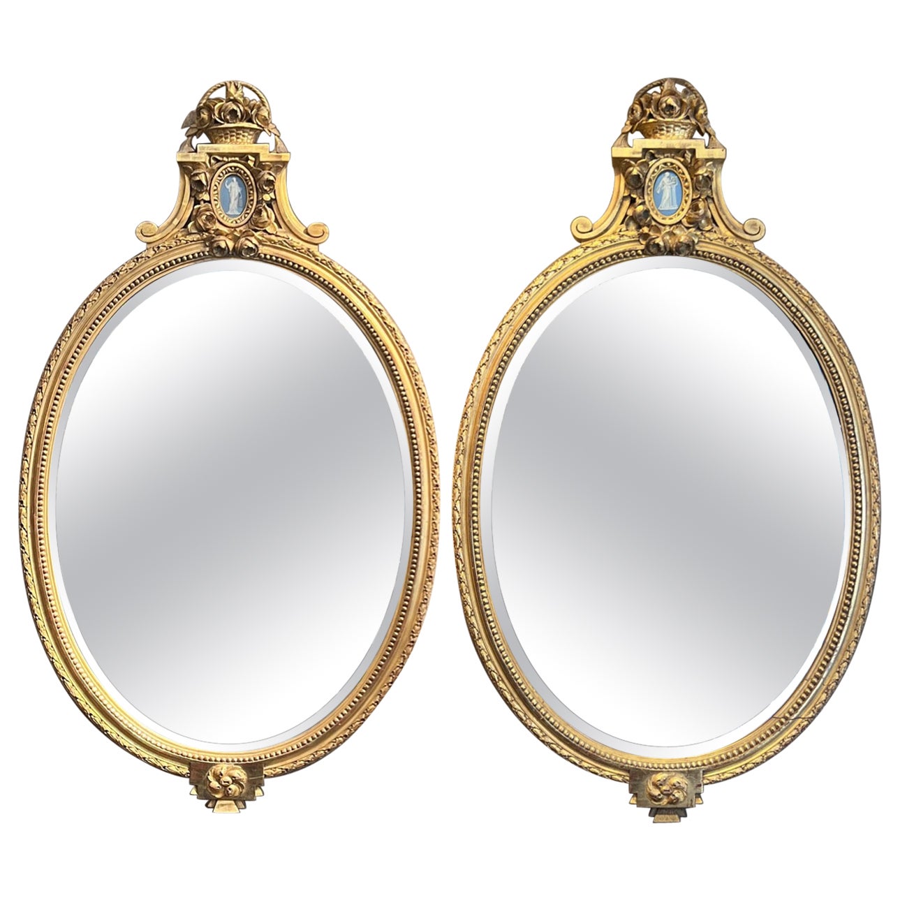 Pair Antique English Gold Leaf Mirrors with Wedgewood Plaques, Circa 1890. For Sale