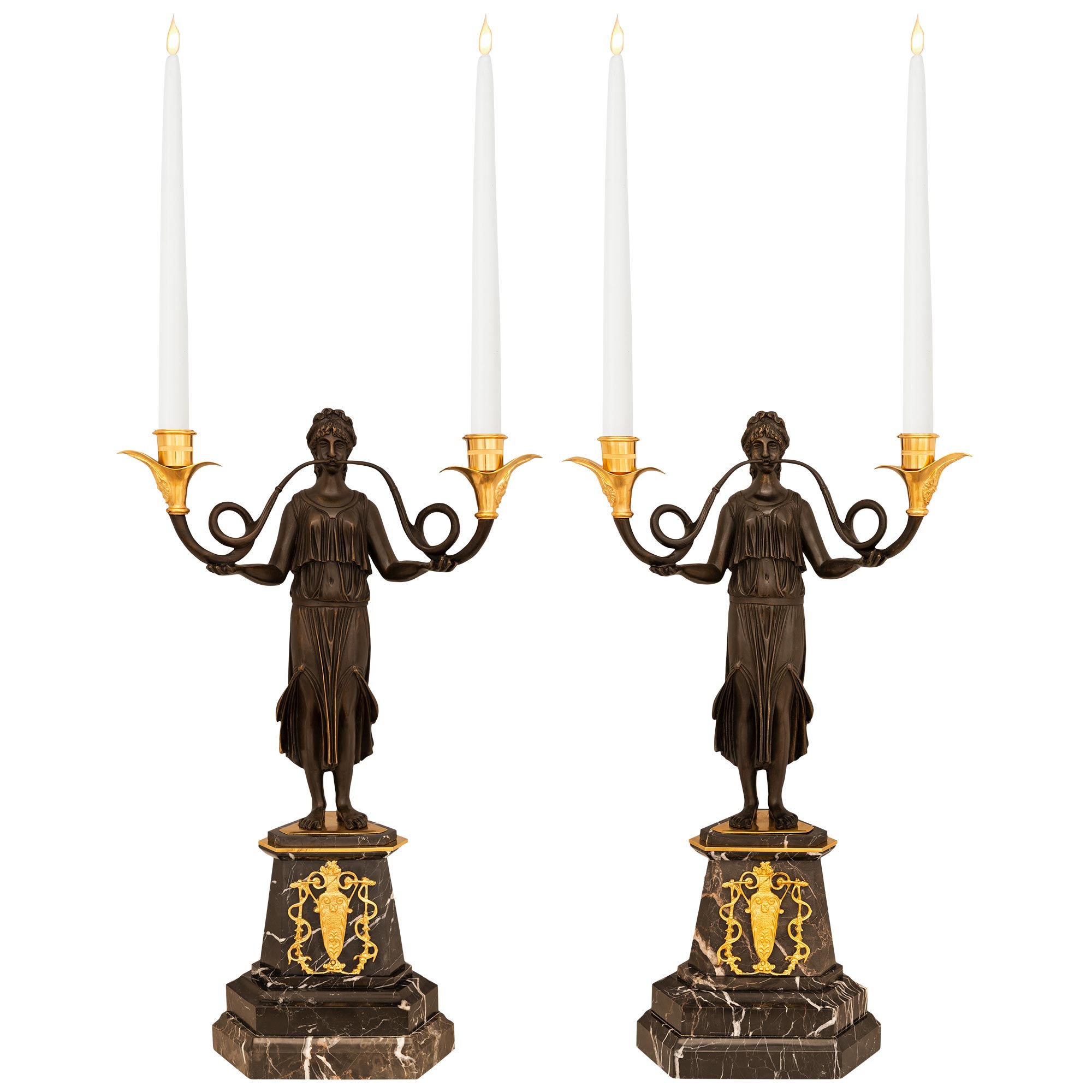 Pair Of French 19th Century Neoclassical St. Bronze, Ormolu & Marble Candelabras For Sale