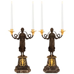 Paire de candélabres néoclassiques français du 19ème siècle en bronze, bronze doré et marbre