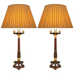 Pair Of French 19th Century Charles X St. Bronze, Marble, & Ormolu Lamps