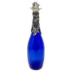 Antique Cobalt Blue Glass Liquor Bottle with Sterling Silver Top Circa 1890-1900