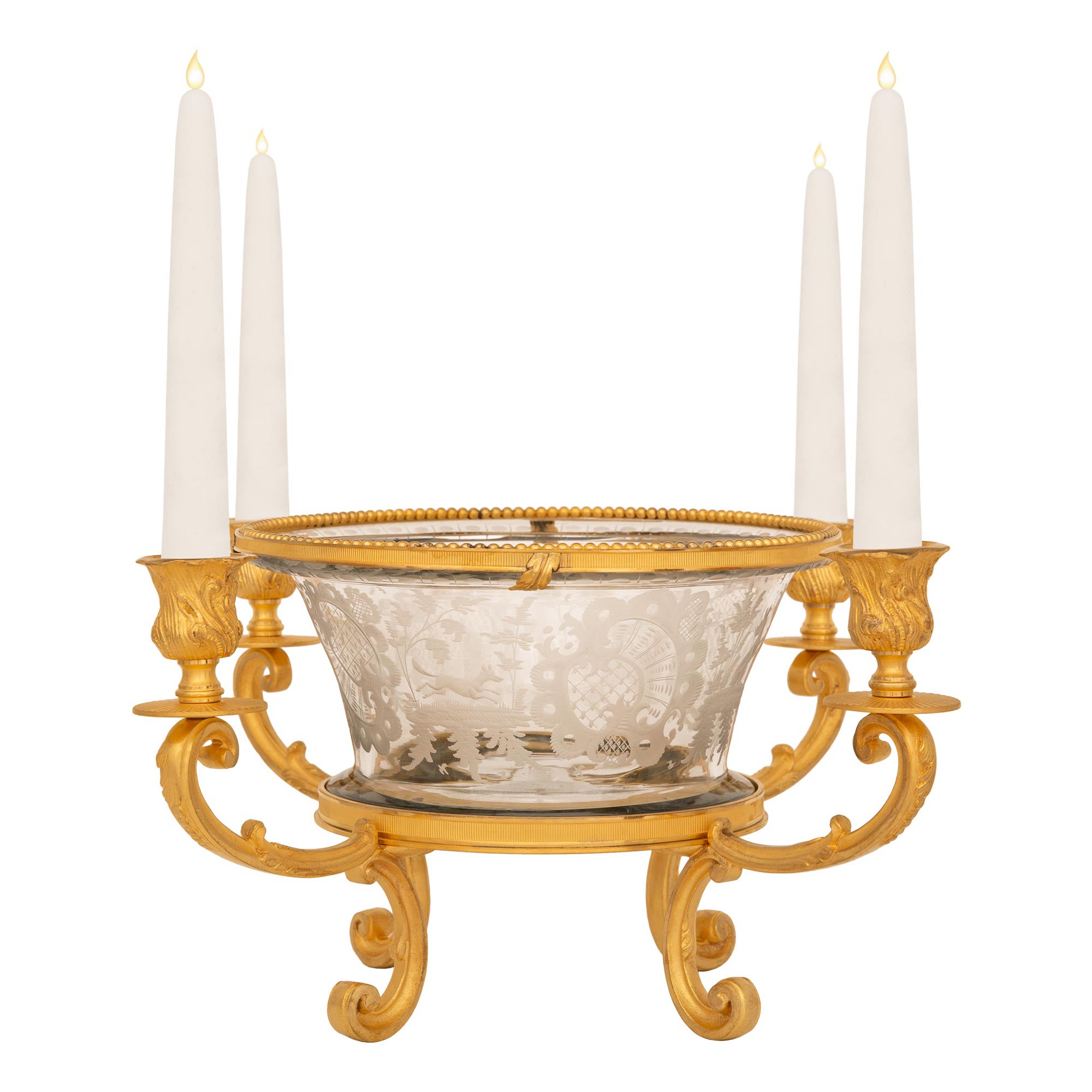 French 19th Century Louis XV St. Ormolu And Etched Glass Centerpiece For Sale