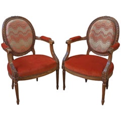 Pair of French Louis XVI Style Round Back Open Arm Chairs