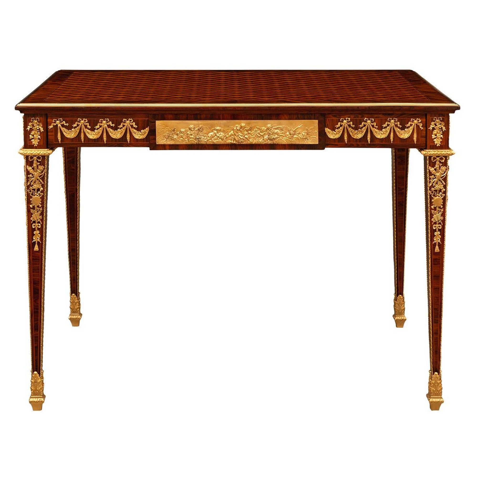 French 19th Century Louis XVI St. Mahogany, Kingwood And Ormolu Center Table For Sale