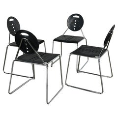Retro 1980s Post Modern Segis Italia Black Plastic & Chrome Charlie Side Chairs Set 4 