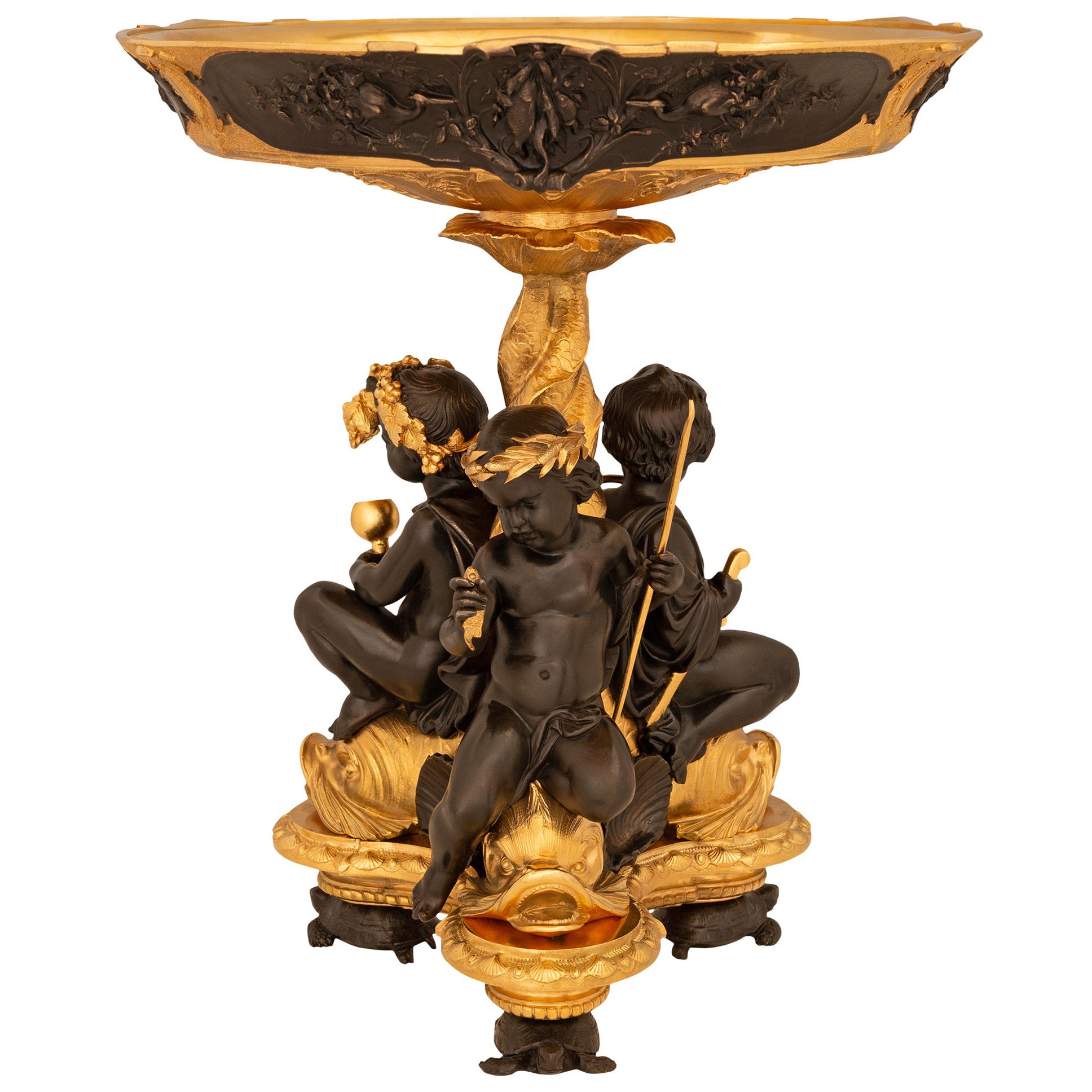 Centre de table en bronze patiné et bronze doré Louis XVI du 19ème siècle en vente