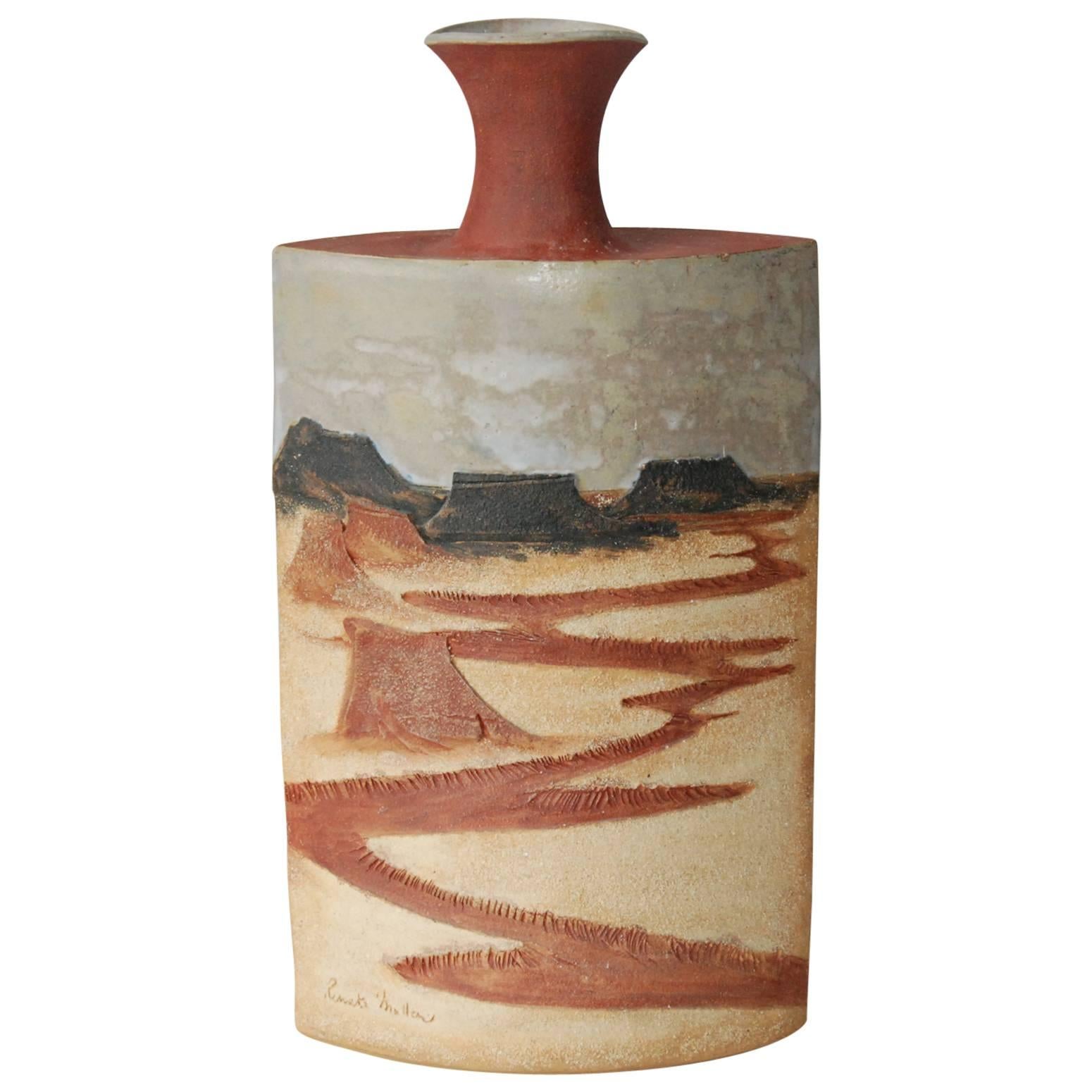 Large R. Miller Slab Built Relief Stoneware Vase, United States, circa 1980 For Sale