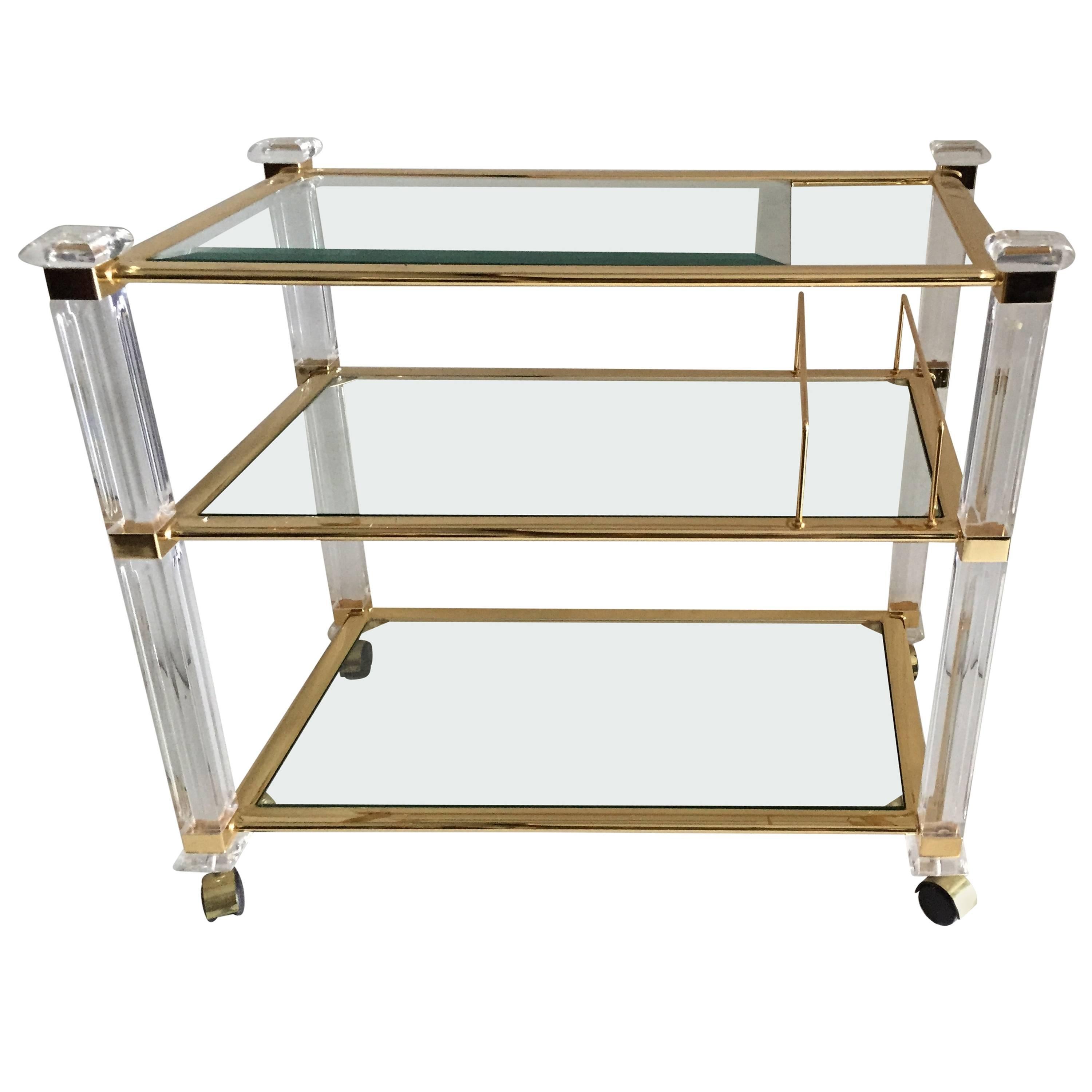 Charles Hollis Jones Three-Tier Tea Cart in Lucite and Brass For Sale