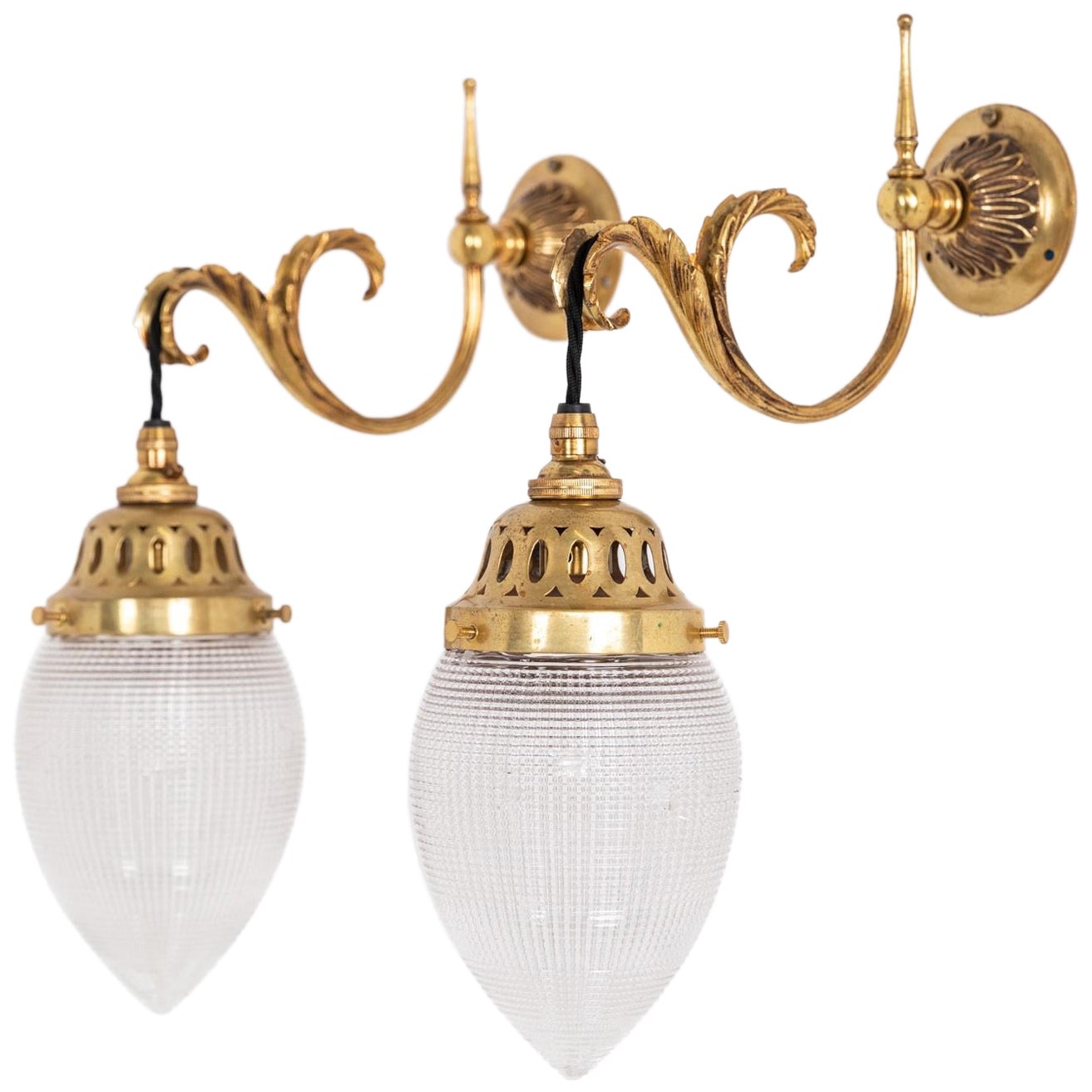 Pair of Antique Brass Osler / Holophane Wall Lamp Sconce Lights, c.1920