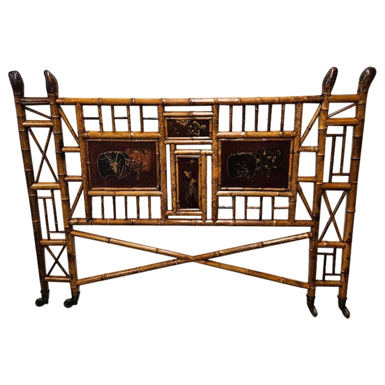 19th Century Victorian Bamboo Headboard with lacquered chinoiserie panels For Sale