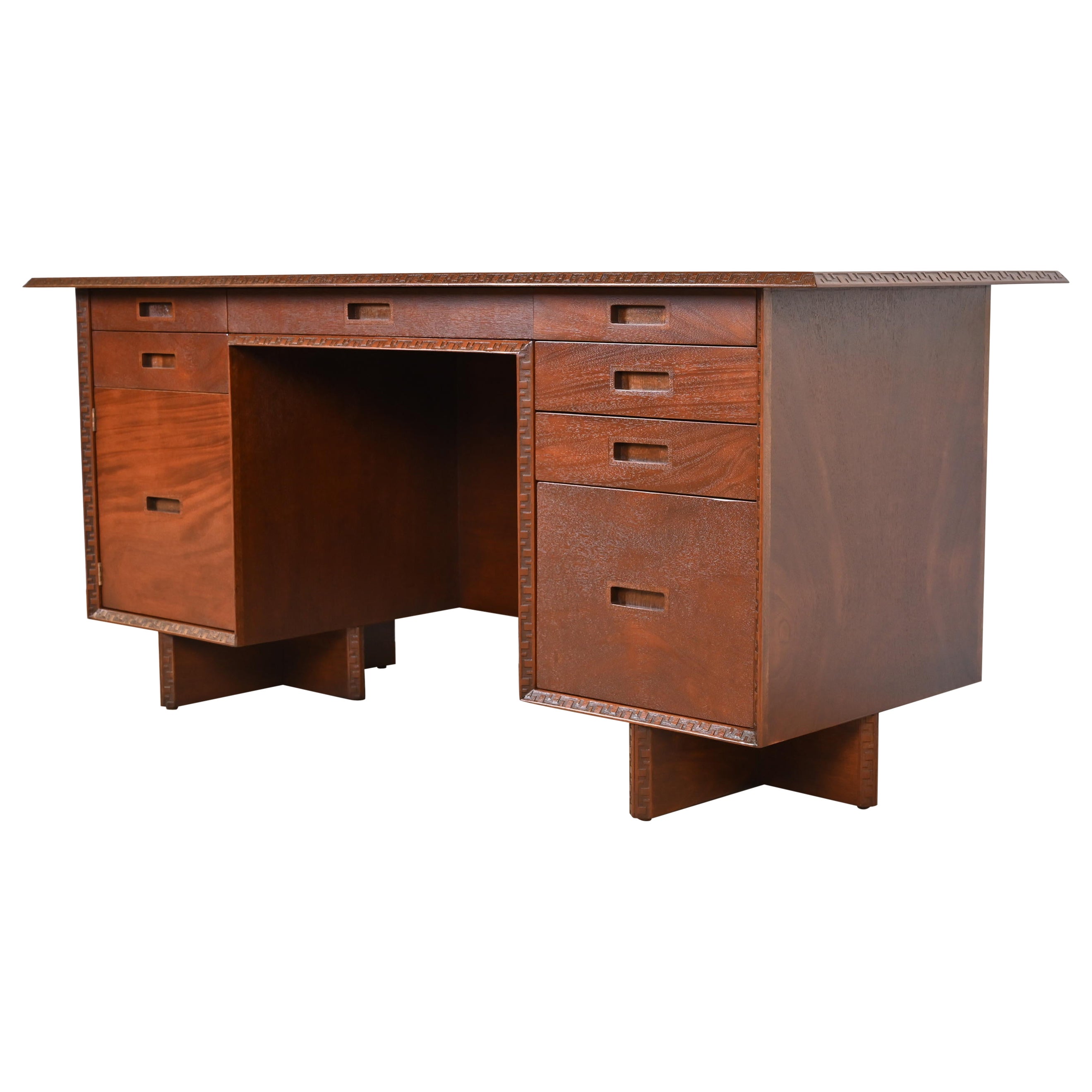 Frank Lloyd Wright Taliesin Mahogany Double Pedestal Executive Desk, Restored For Sale