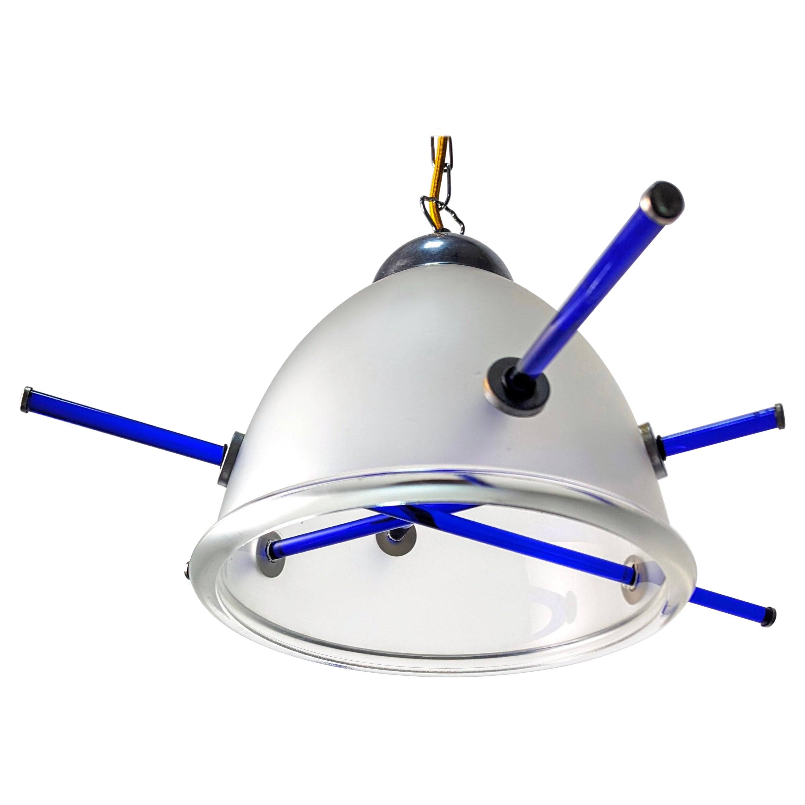 Italian designer pendant lamp with blue murano glass For Sale
