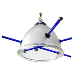 Vintage Italian designer pendant lamp with blue murano glass