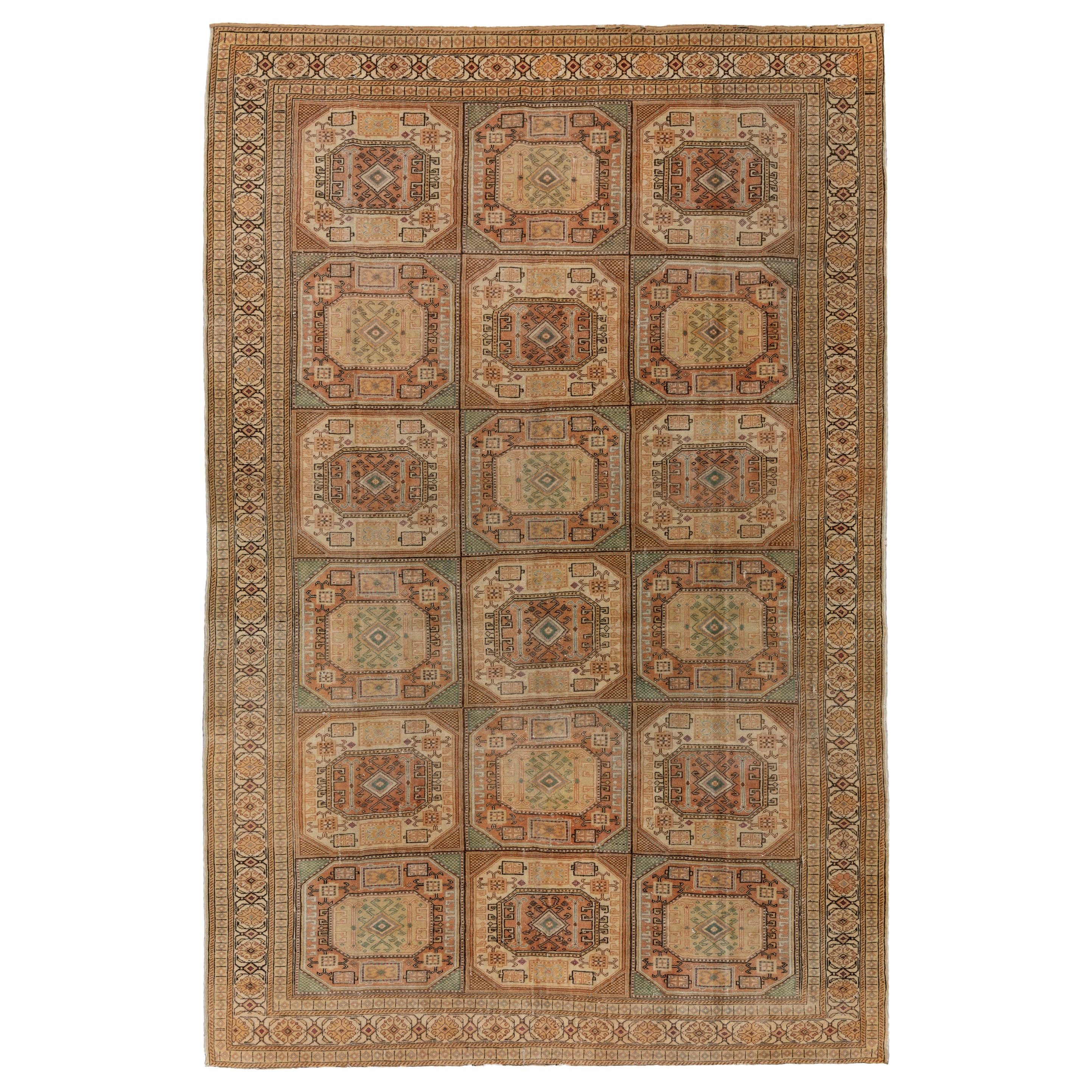 6,5x9.4 Ft. Türkischer Vintage-Teppich. Gedeckte Farben, geometrisches Design und Tribal-Muster im Angebot