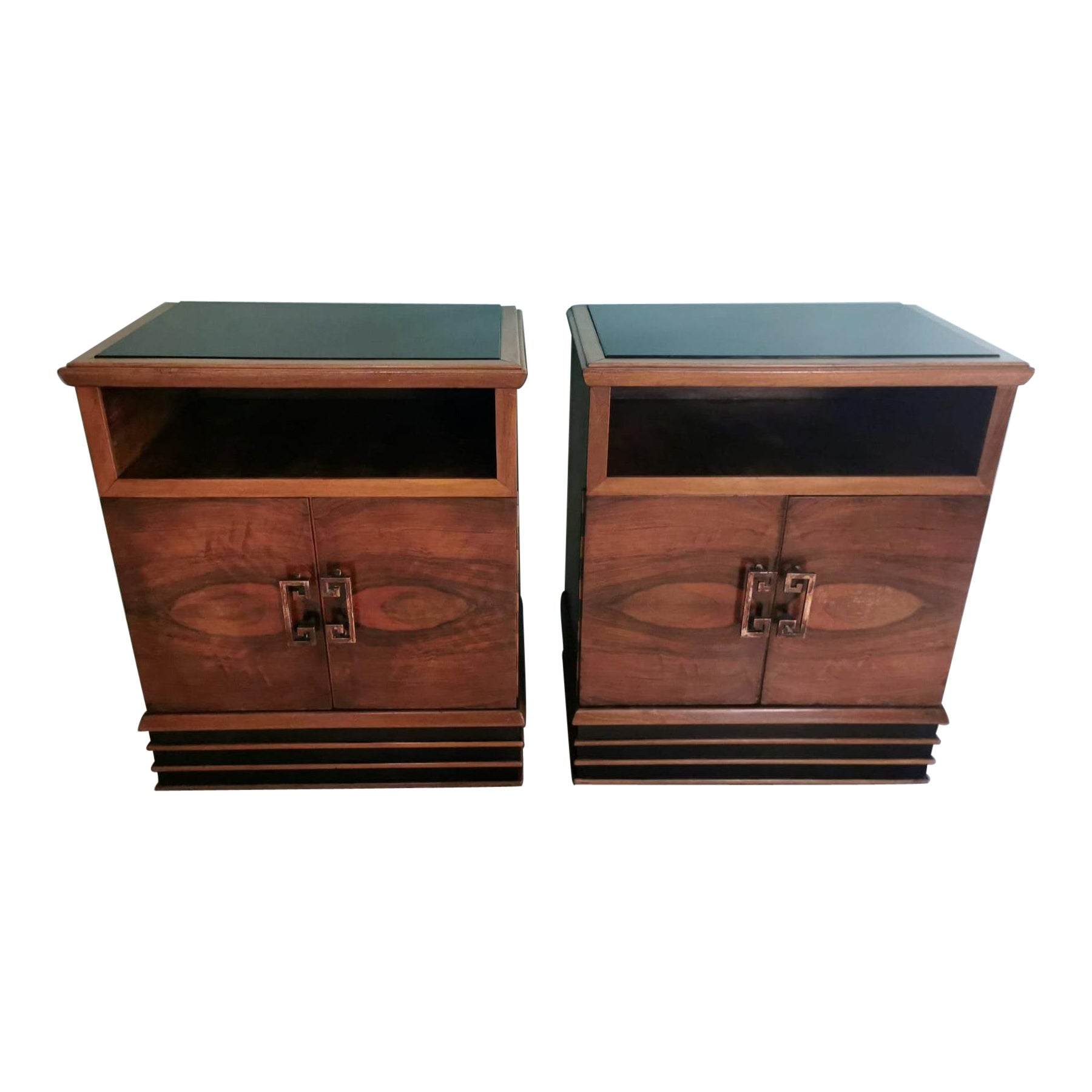Art Deco Pair Of Italian Nightstands With Black Glass Top For Sale