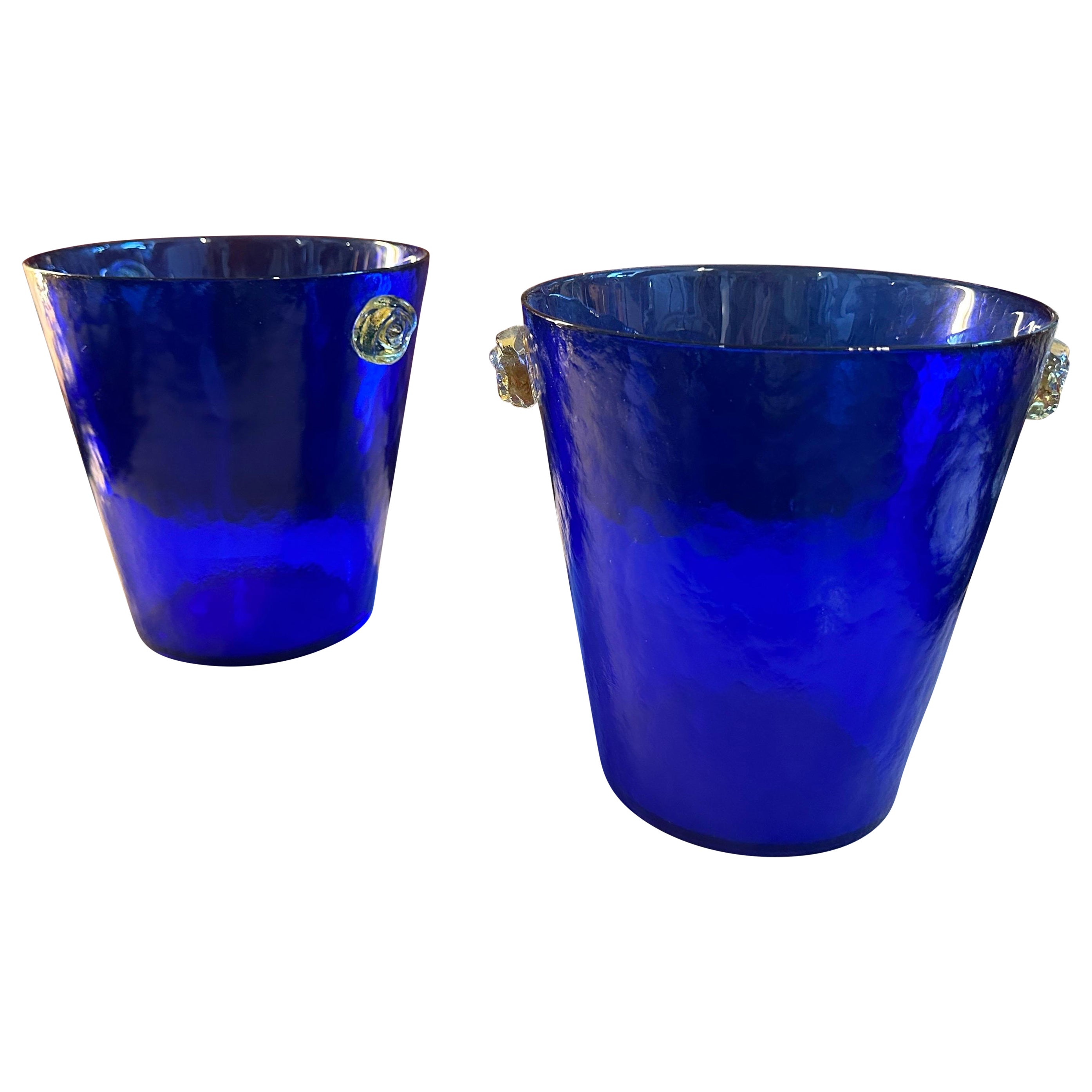 A Pair of 1980s Venini Style Modernist Blue and Yellow Murano Glass Wine Coolers For Sale