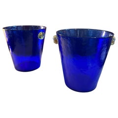 Paire de rafraîchisseurs à vin en verre de Murano moderniste bleu et jaune de style Venini des années 1980