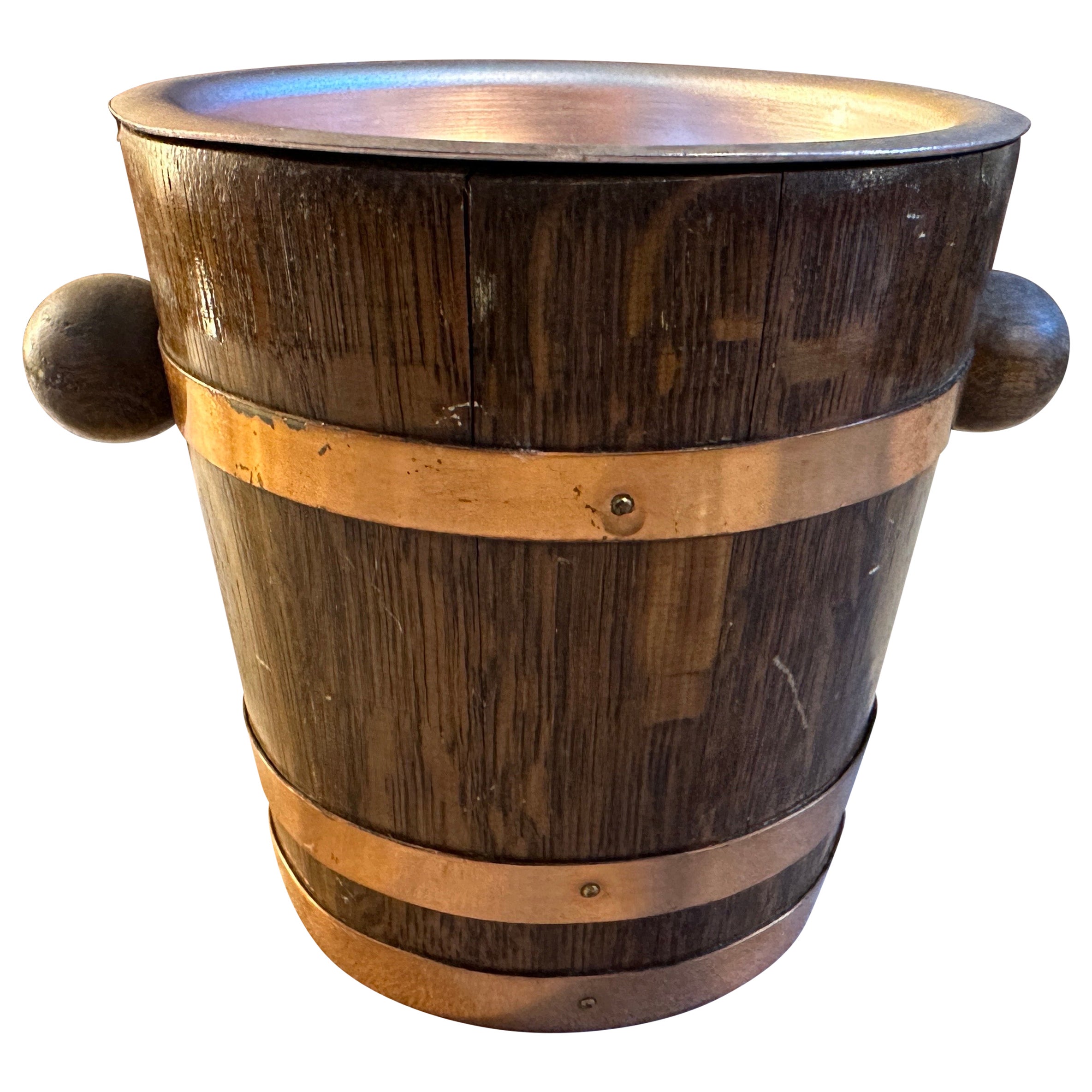 1950s Mid-Century Modern Oak and Copper French Ice Bucket For Sale
