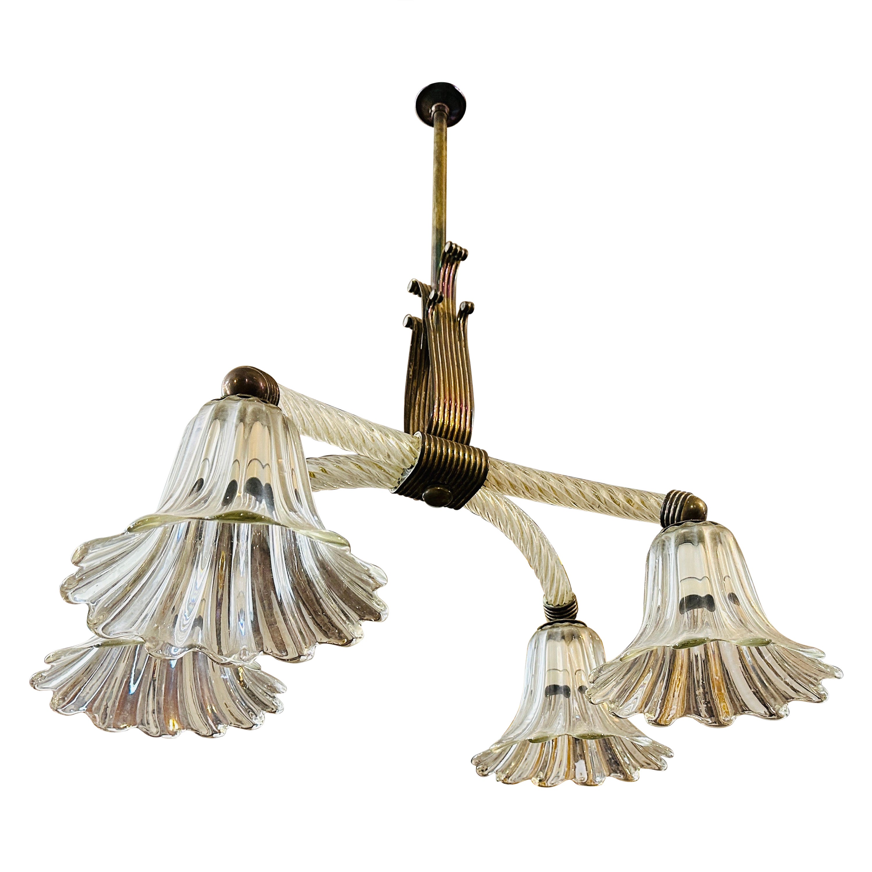 1930s Art Deco Clear Murano Glass and Brass Chandelier by Ercole Barovier For Sale