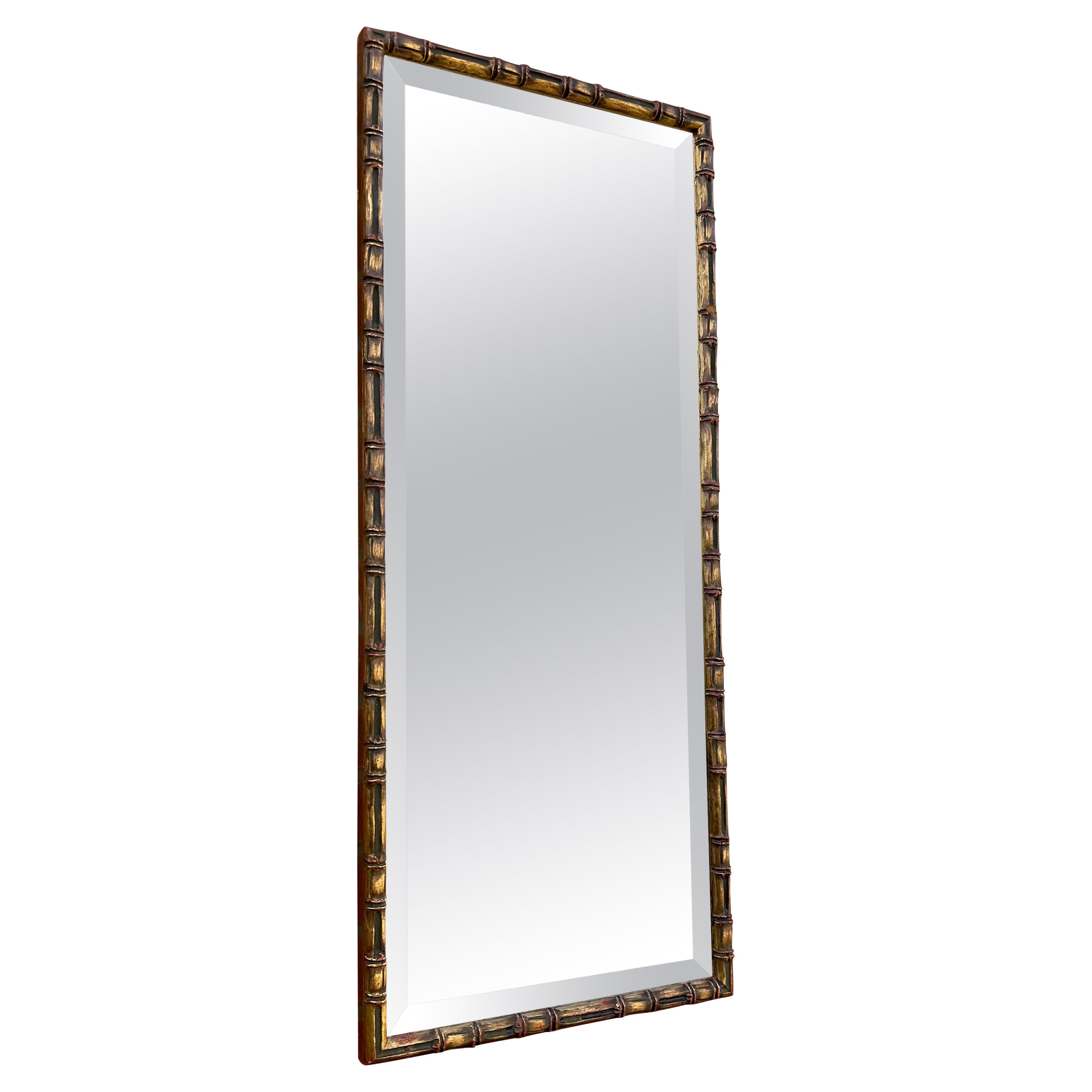 MidCentury Fine Carved Gilded Wooden Bamboo Style Wall Mirror w. Beveled Glass  For Sale