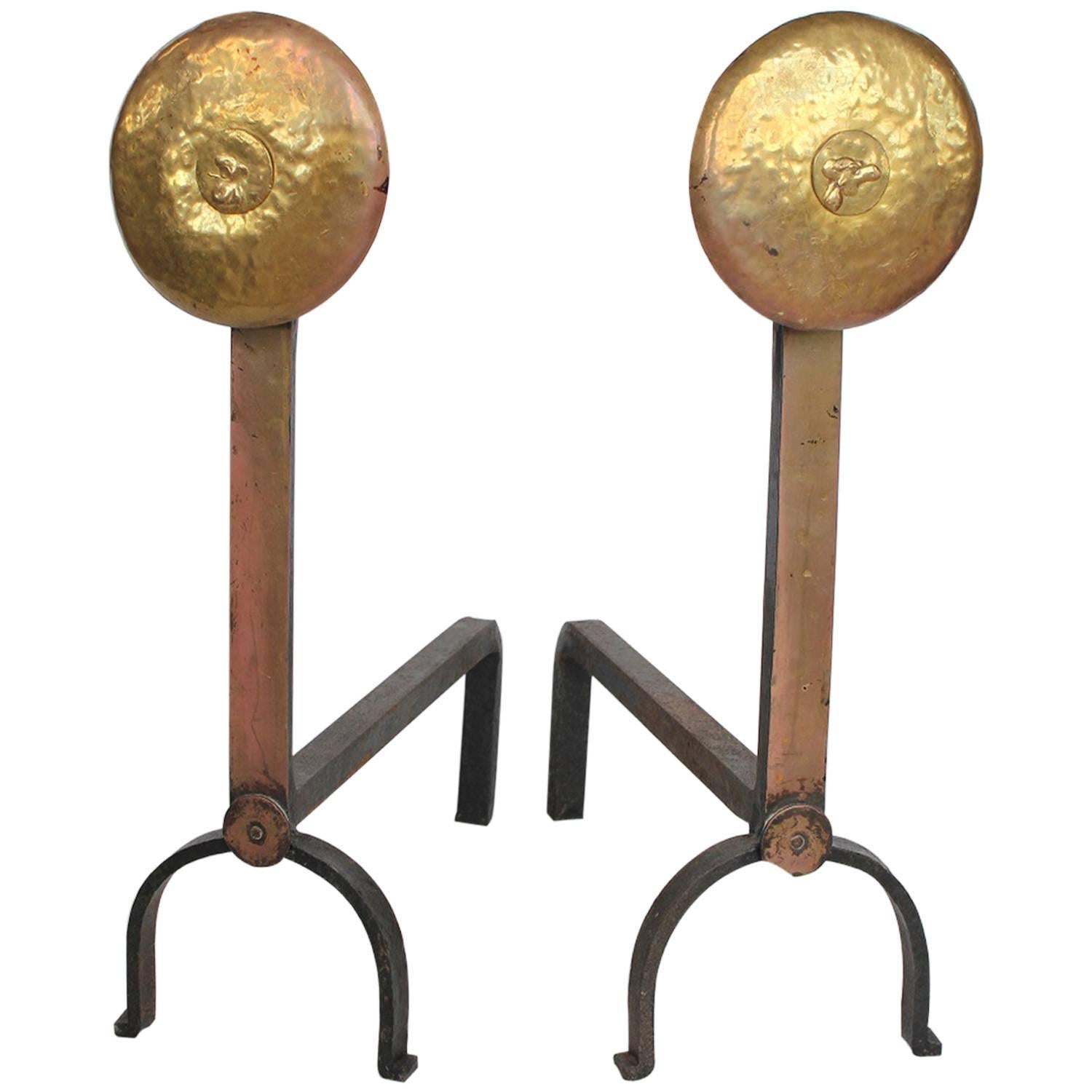 Stylish American Hand-Hammered Brass Andirons For Sale